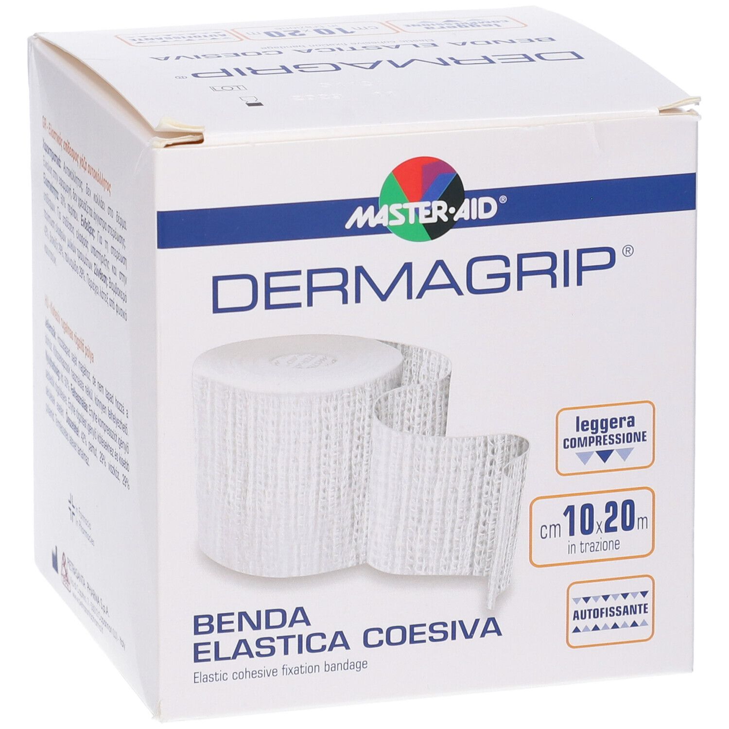 Confezione Master-Aid Dermagrip. Benda elastica bianca, 10cm x 20m. Logo e testo.
