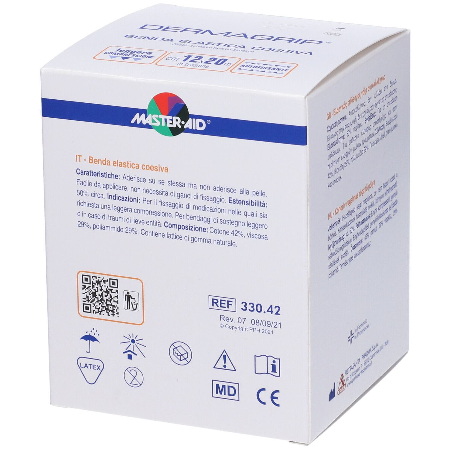 Confezione con benda bianca. Scritta: Dermagrip, Master-Aid. Dimensioni: 12,20m. Coesiva, elastica.