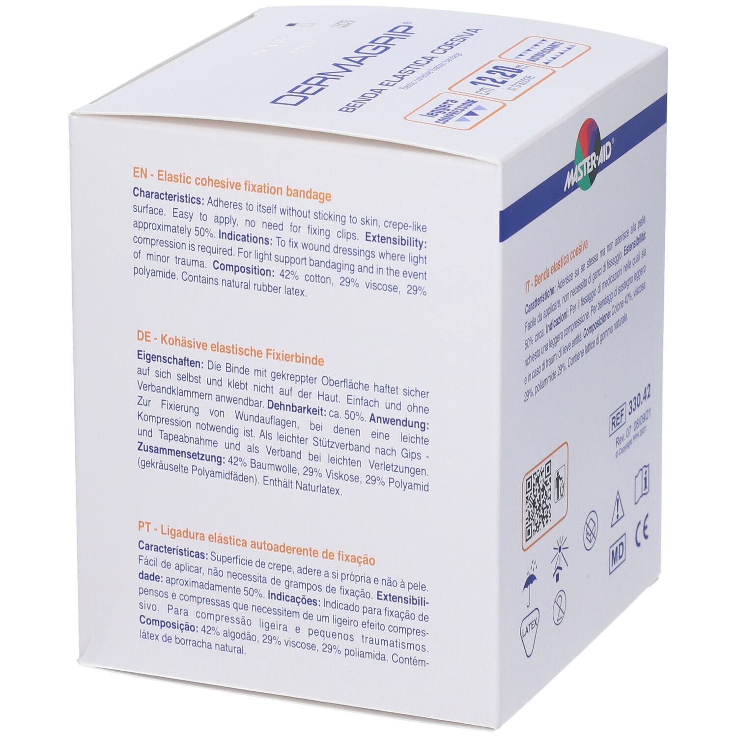 Confezione con benda bianca. Scritta: Dermagrip, Master-Aid. Dimensioni: 12,20m. Coesiva, elastica.