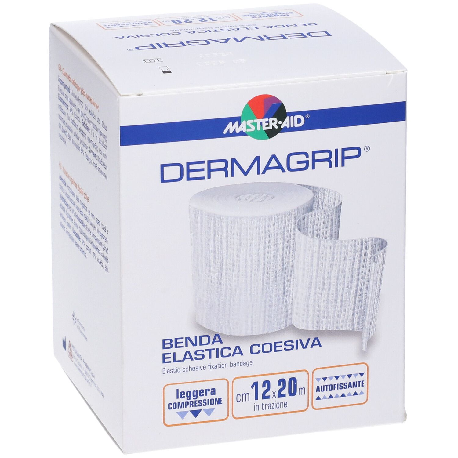 Confezione con benda bianca. Scritta: Dermagrip, Master-Aid. Dimensioni: 12,20m. Coesiva, elastica.