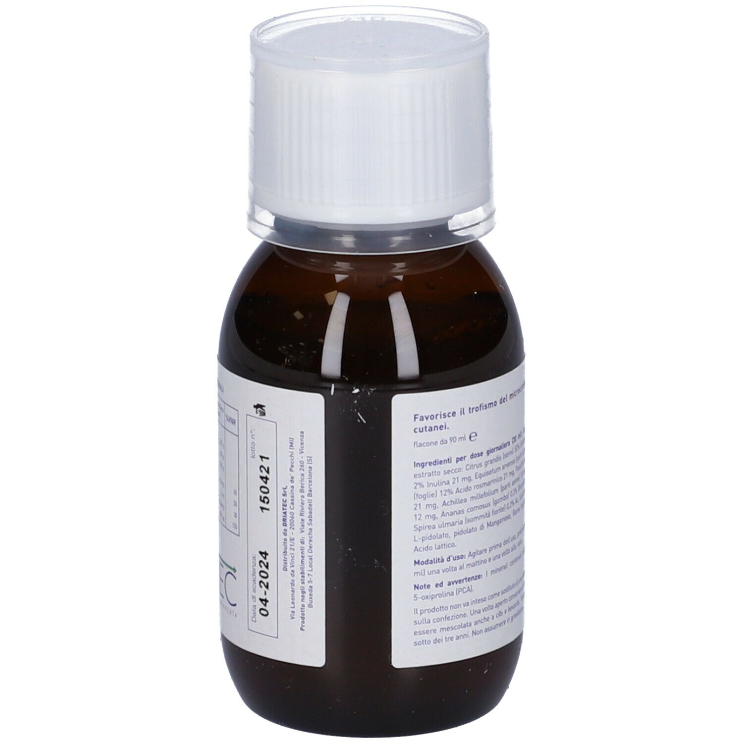 Flacone di vetro marrone con tappo bianco. Etichetta con testo e scadenza 04-2024. Integratore alimentare.