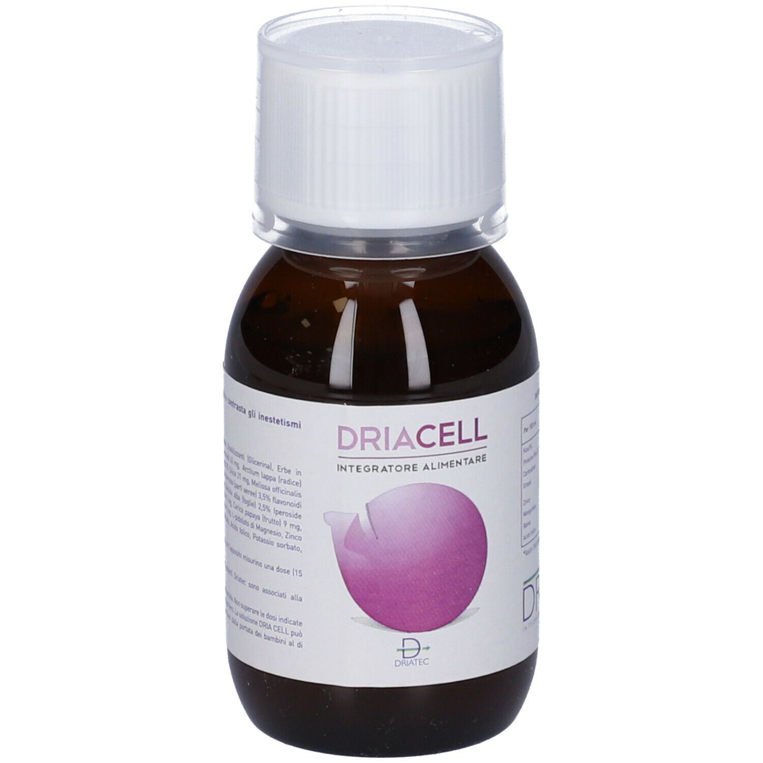 Flacone di vetro marrone con tappo bianco. Etichetta DRIACELL e grafica viola. Integratore alimentare.