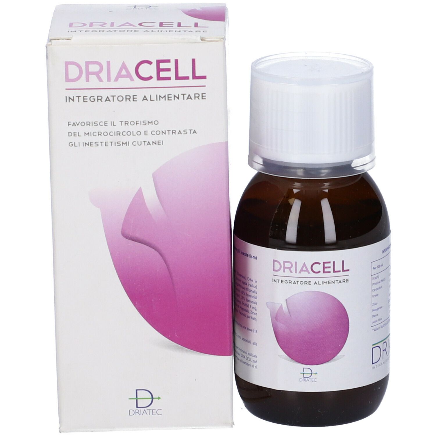 Flacone di vetro marrone con tappo bianco accanto a confezione bianca. Confezione con logo DRIACELL e testo.