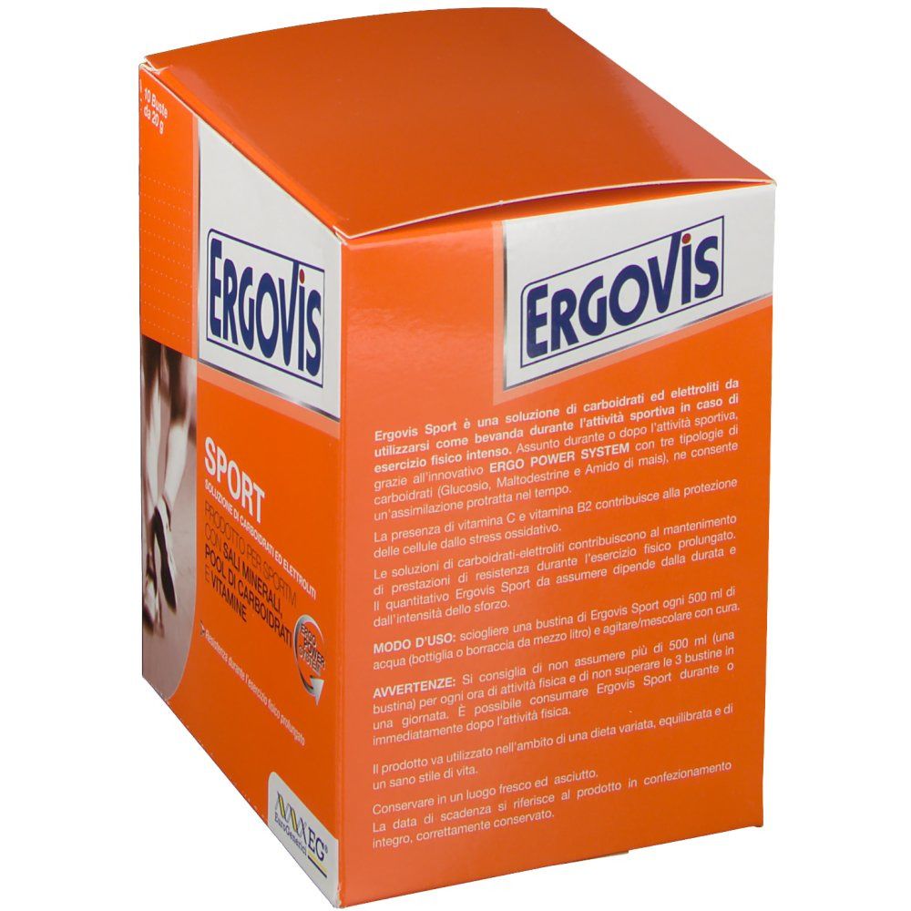 Scatola arancione con logo "Ergovis". Testo: "Sport". Retro con testo in italiano. Logo "EuroGenerici".