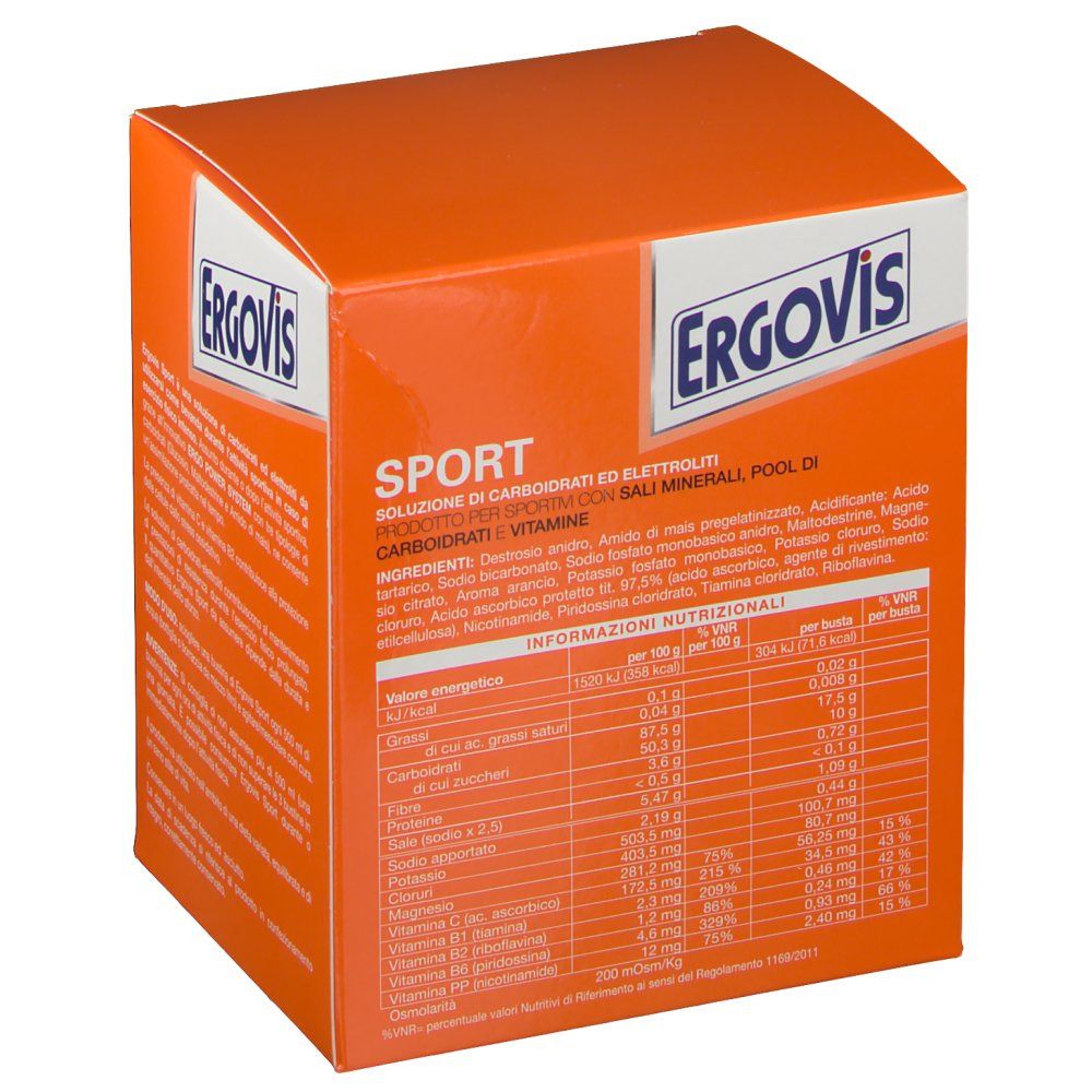 Scatola arancione con logo "Ergovis". Testo: "Sport". Retro con informazioni nutrizionali in italiano.