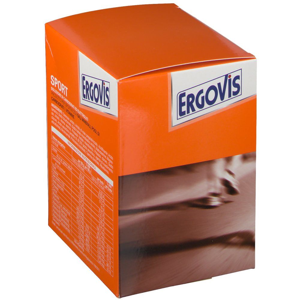 Scatola arancione con logo "Ergovis". Testo: "Sport". Retro con testo in italiano. Immagine di un corridore.