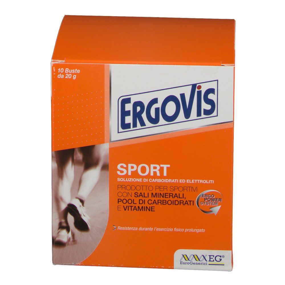 Scatola arancione con logo "Ergovis". Testo: "Sport". Contiene 10 bustine da 20g. Immagine di un corridore. Logo "EuroGenerici".