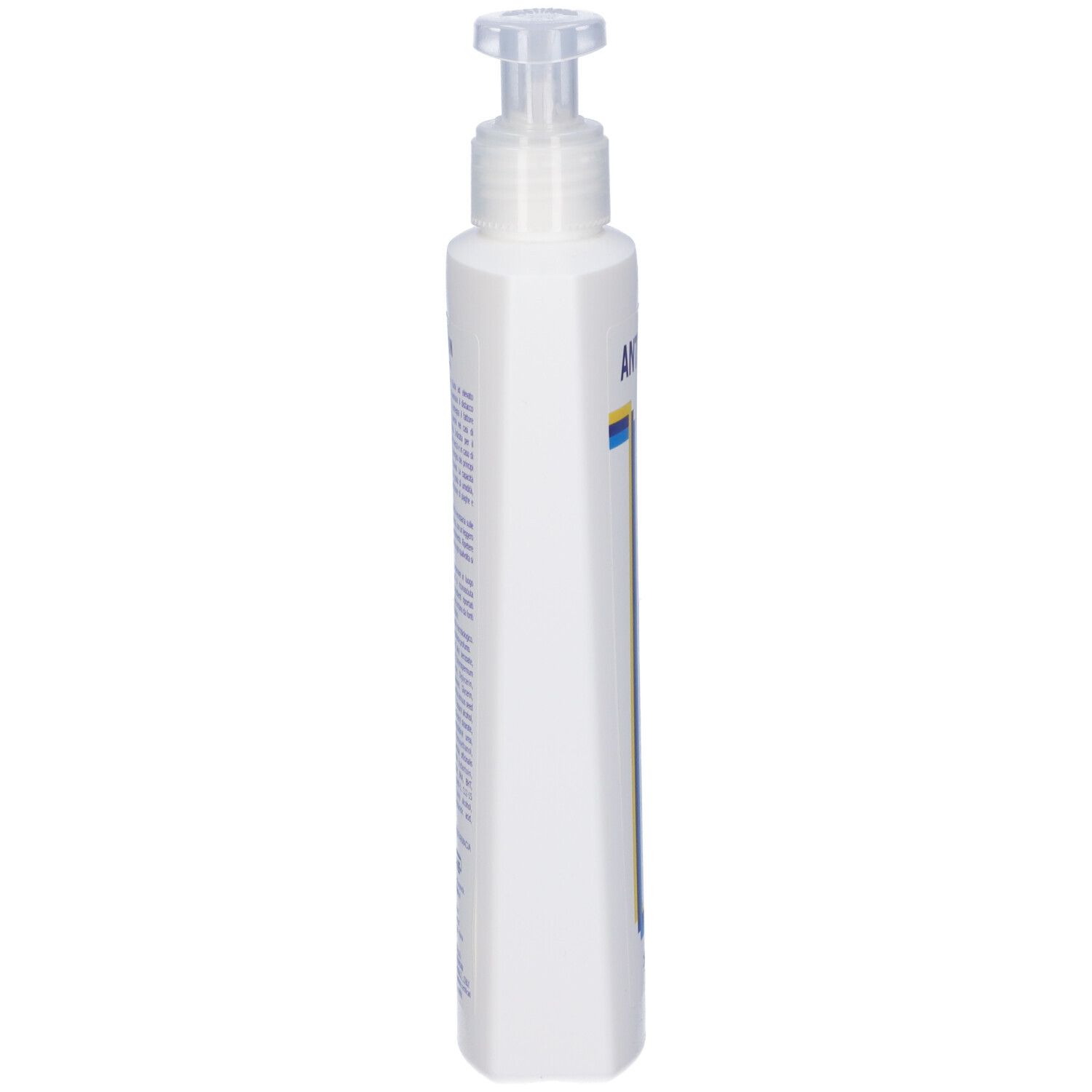 Flacone bianco allungato con dosatore a pompa. Scritta: Antagon. Lato con strisce blu e gialle.