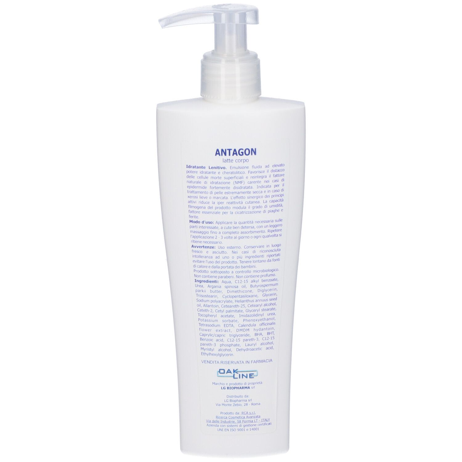 Retro di un flacone bianco con dosatore a pompa. Testo: Antagon, ingredienti, informazioni produttore.