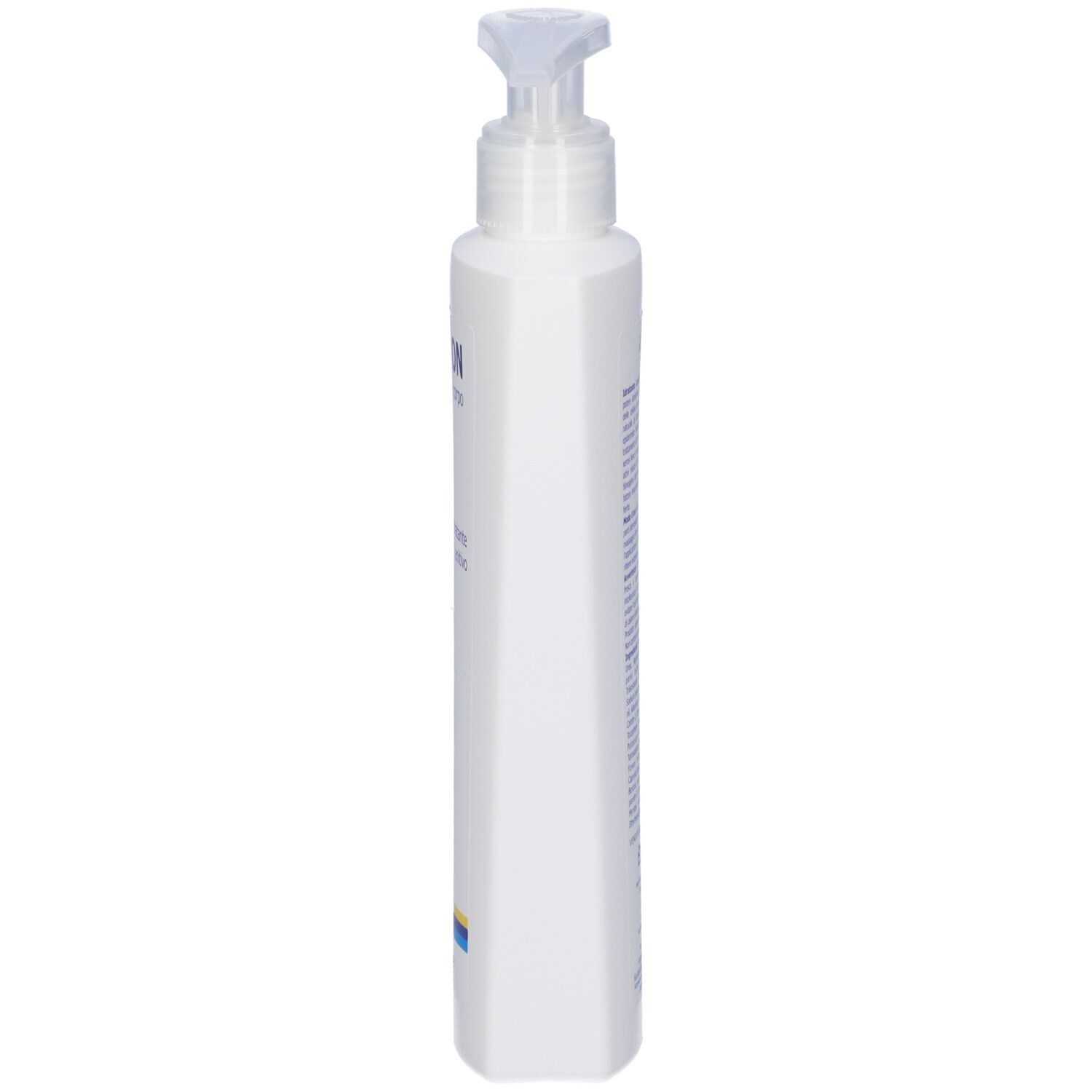 Flacone bianco allungato con dosatore a pompa. Scritta: Antagon. Lato con strisce blu e gialle.