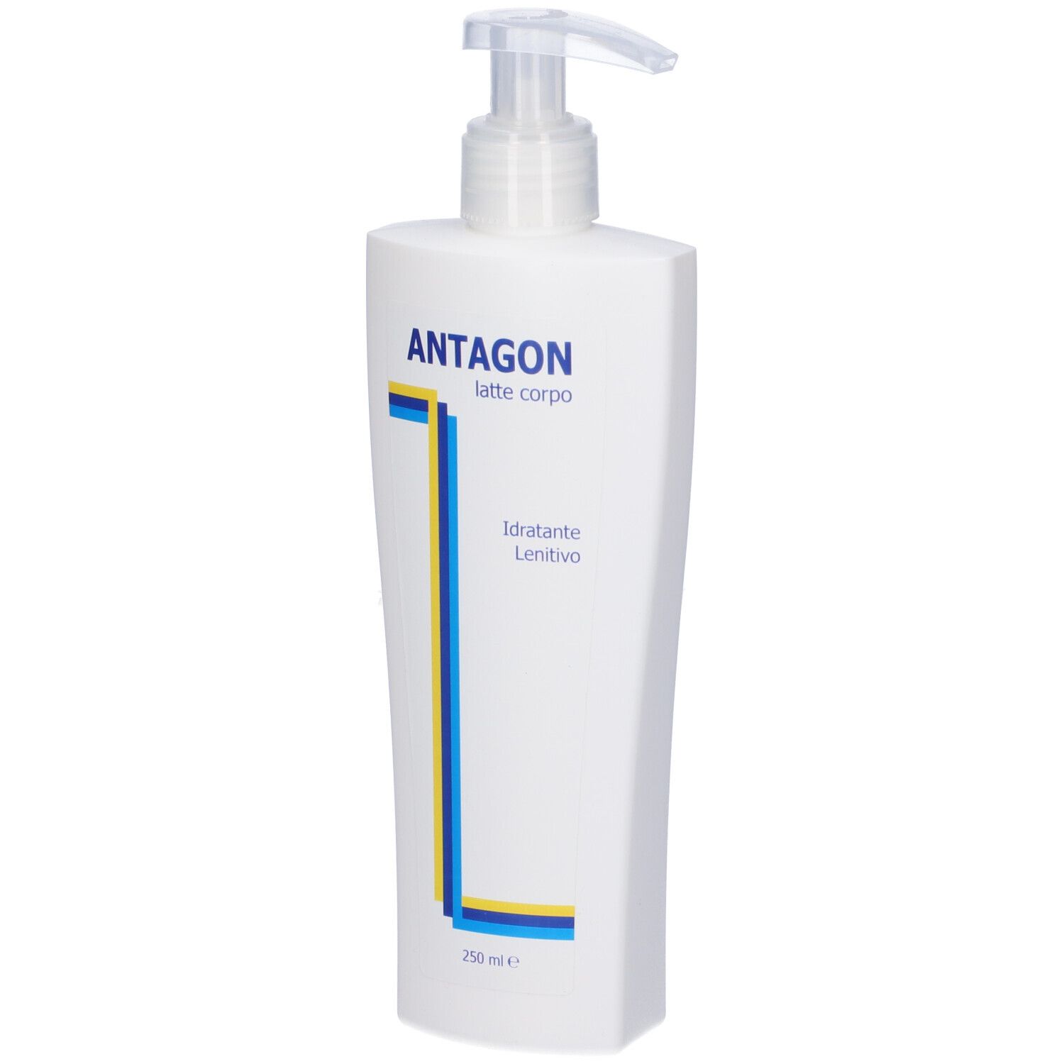 Flacone bianco con dosatore a pompa. Scritta: Antagon latte corpo, Idratante Lenitivo. 250 ml.