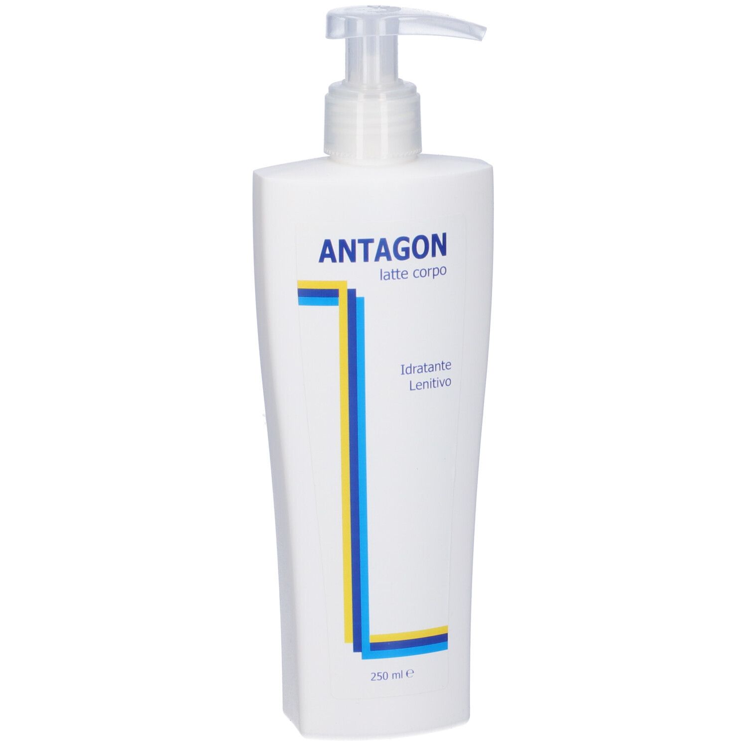 Flacone bianco con dosatore a pompa. Scritta: Antagon latte corpo, Idratante Lenitivo. 250 ml.