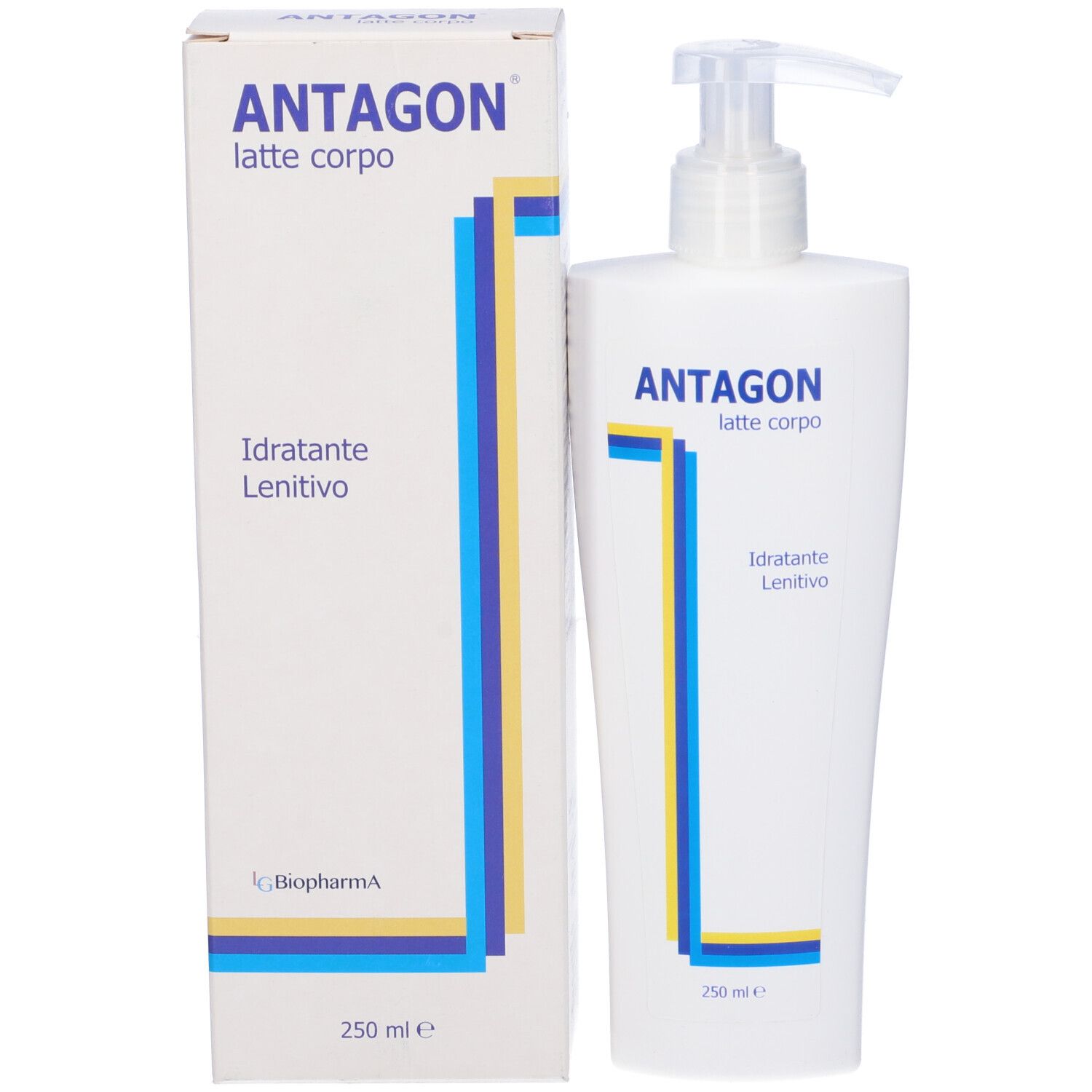 Confezione e flacone. Scritta: Antagon latte corpo, Idratante Lenitivo. 250 ml. Logo Biopharma.