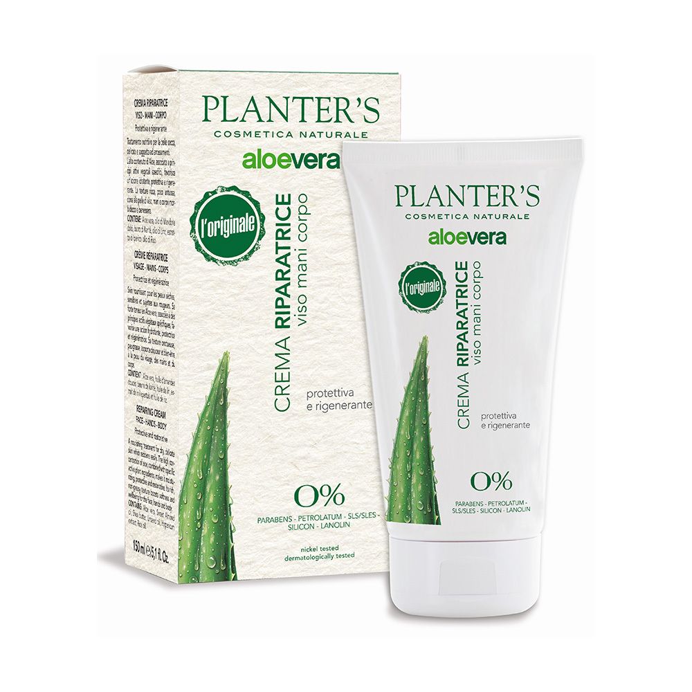 Confezione prodotto. Tubo e scatola bianchi. Testo: Planter's, Aloe vera, Crema Riparatrice, 0%. Grafica foglia.