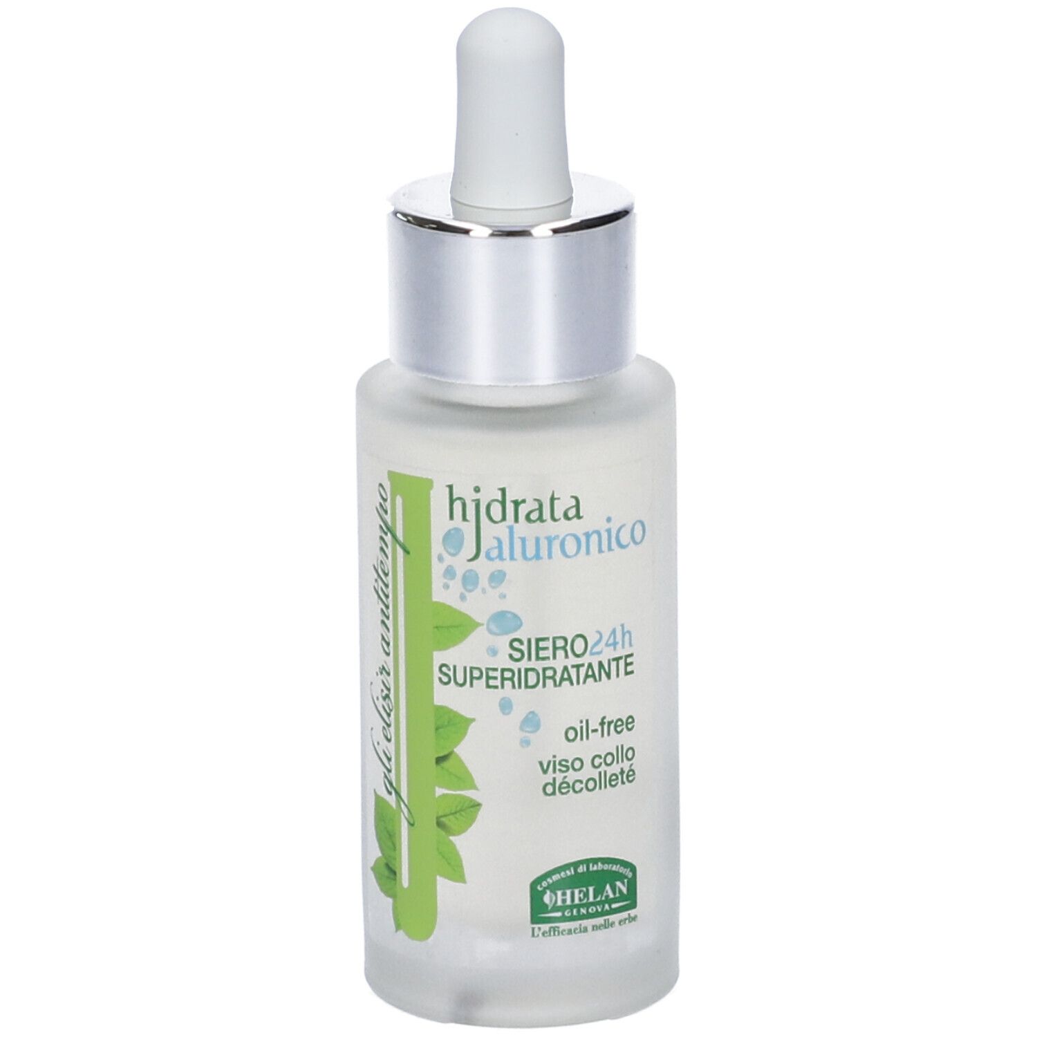 Flacone siero con pipetta. Scritta: Hidrata Jaluronico, Siero 24h Superidratante, oil-free. Marchio Helan.