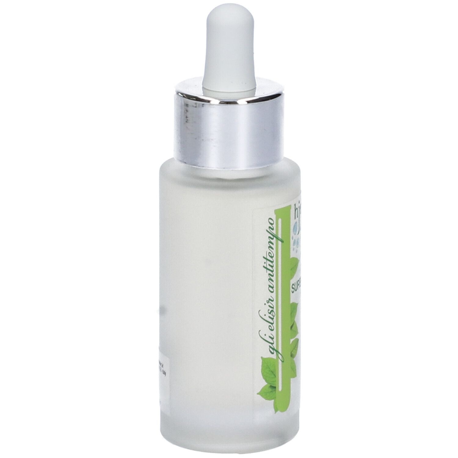 Vista posteriore del flacone siero con pipetta. Scritta: Hidrata Jaluronico, Siero 24h Superidratante. Marchio Helan.