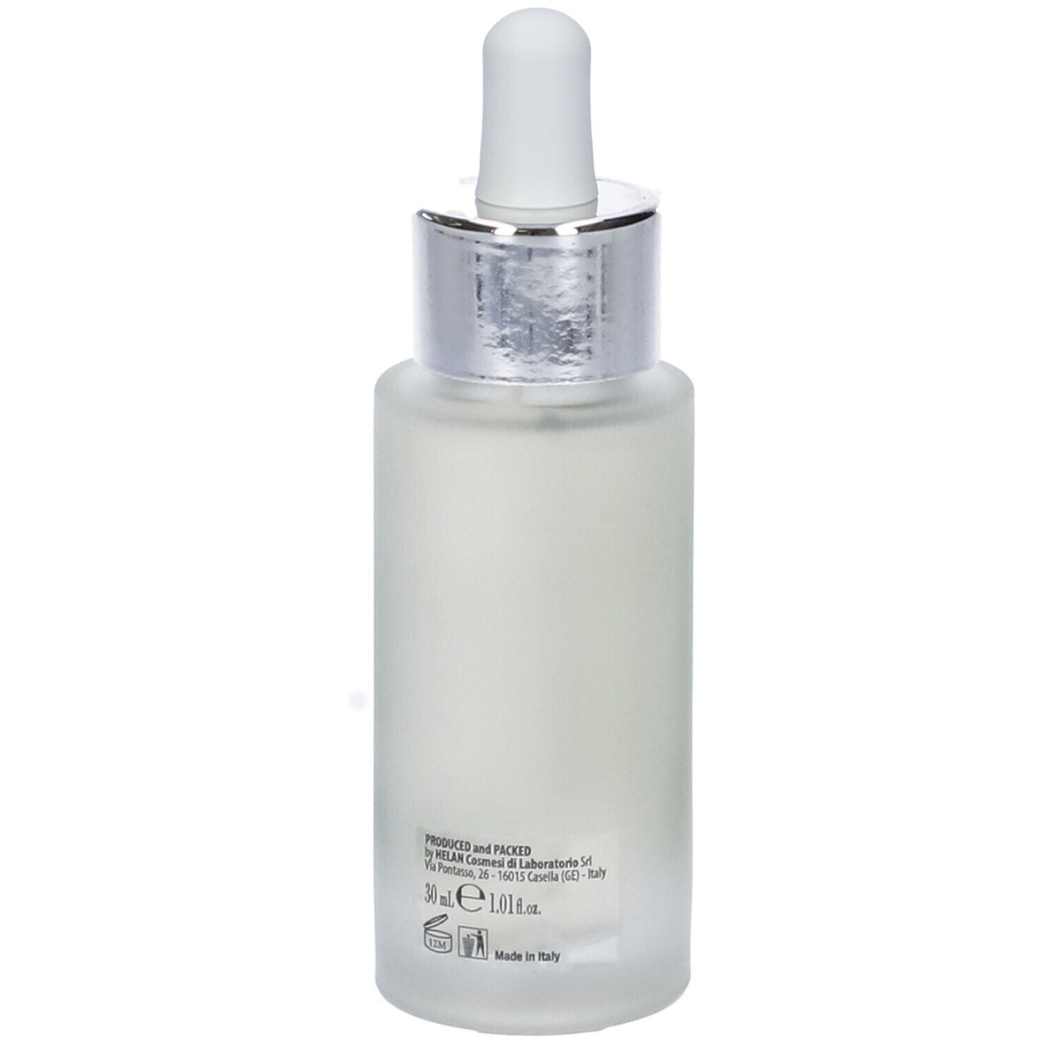 Vista posteriore del flacone siero con pipetta. Scritta: informazioni sulla produzione e sugli ingredienti. Marchio Helan.
