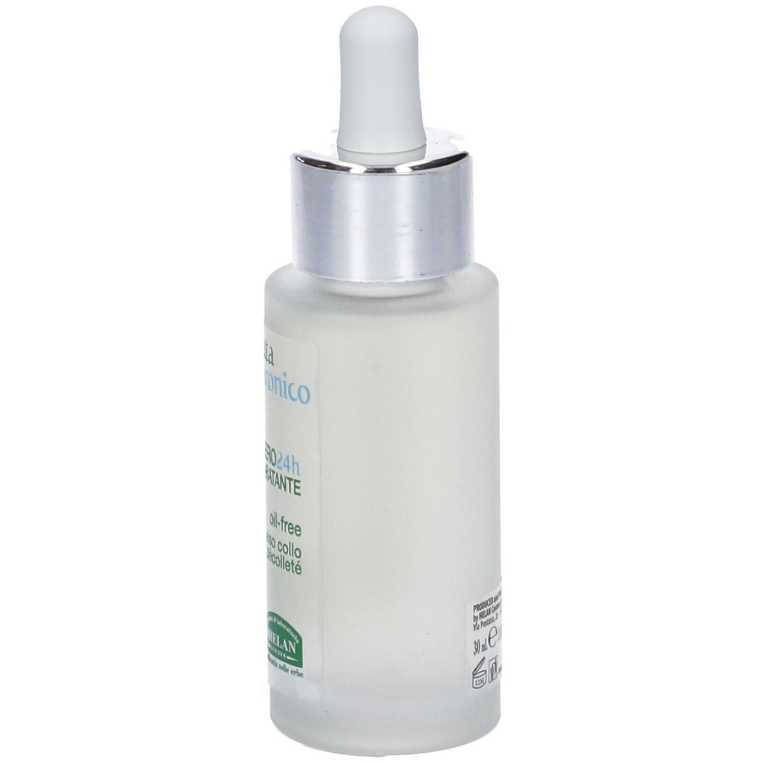 Vista laterale del flacone siero con pipetta. Scritta: Hidrata Jaluronico, Siero 24h Superidratante. Marchio Helan.