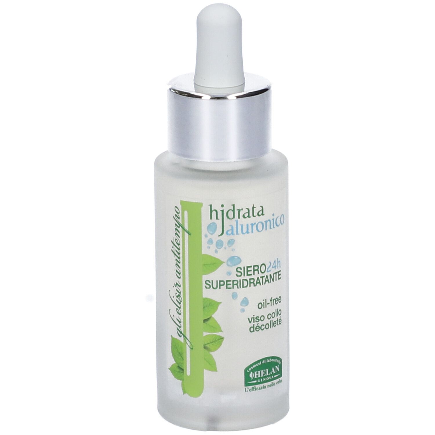 Primo piano del flacone siero con pipetta. Scritta: Hidrata Jaluronico, Siero 24h Superidratante. Marchio Helan.