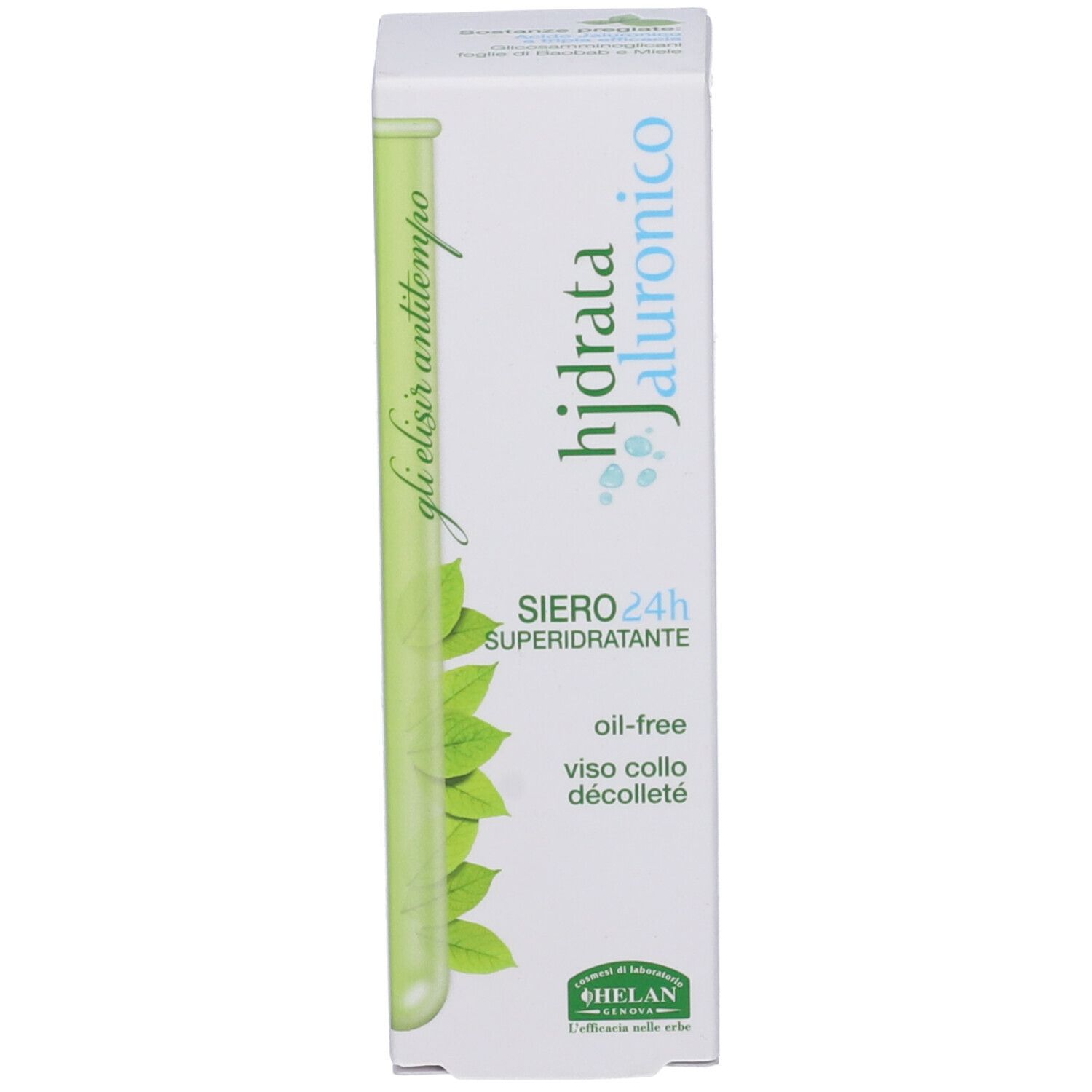 Confezione del siero. Scritta: Hidrata Jaluronico, Siero 24h Superidratante. Marchio Helan.