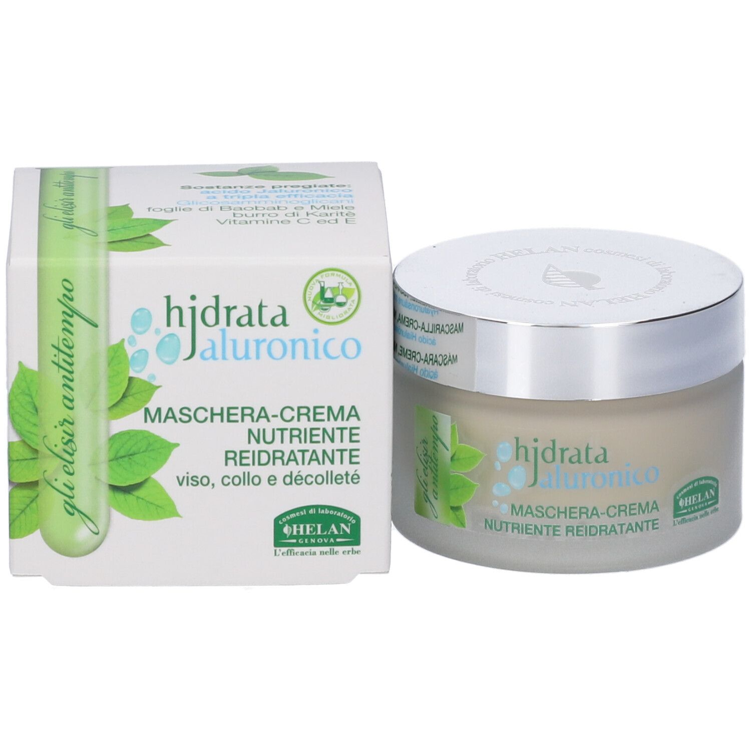 Vaso di crema e scatola. Scritta: hjdrata ialuronico, Maschera-Crema Nutriente Reidratante. Logo e testo.