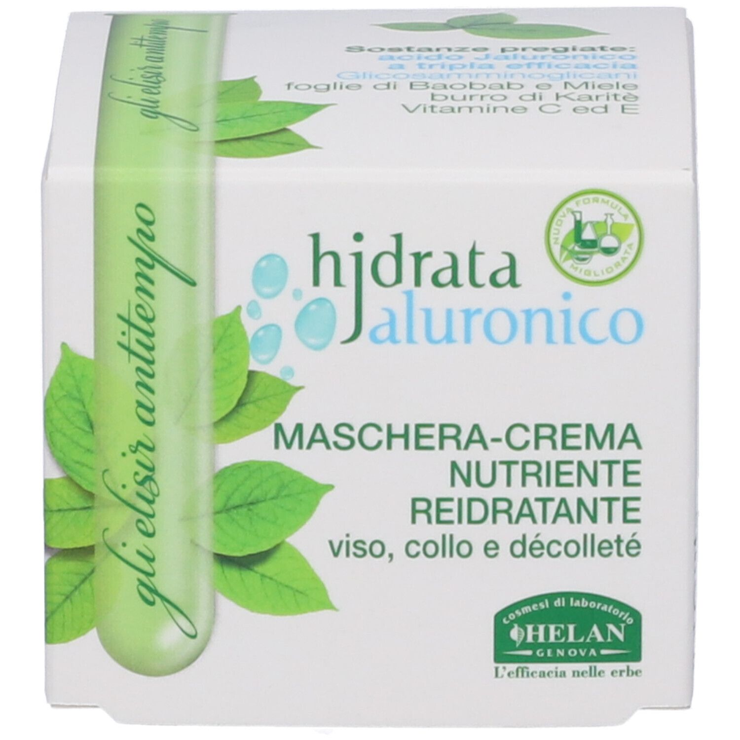 Scatola bianca con testo e logo. Scritta: hjdrata ialuronico, Maschera-Crema Nutriente Reidratante.