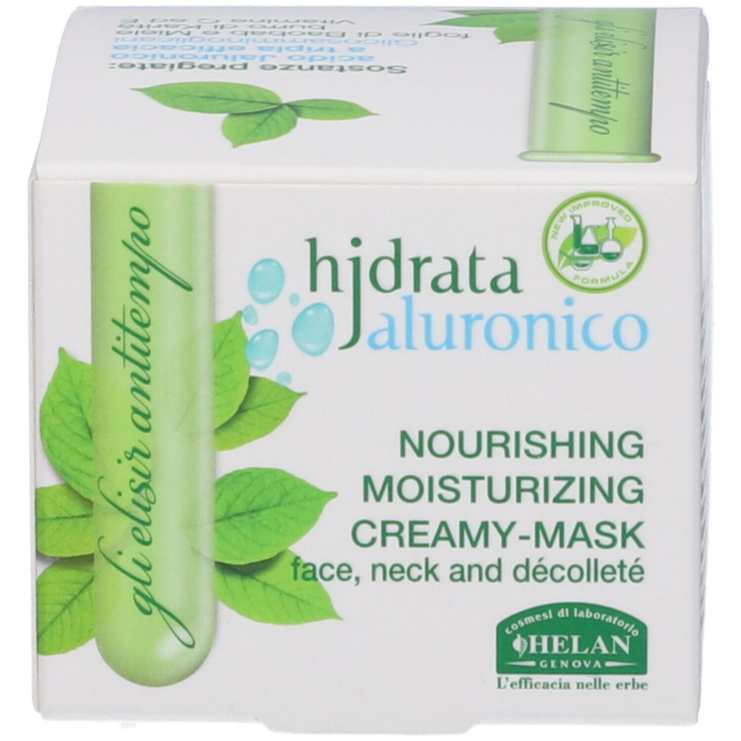 Scatola bianca con testo e logo. Scritta: hjdrata ialuronico, Nourishing Moisturizing Creamy-Mask.