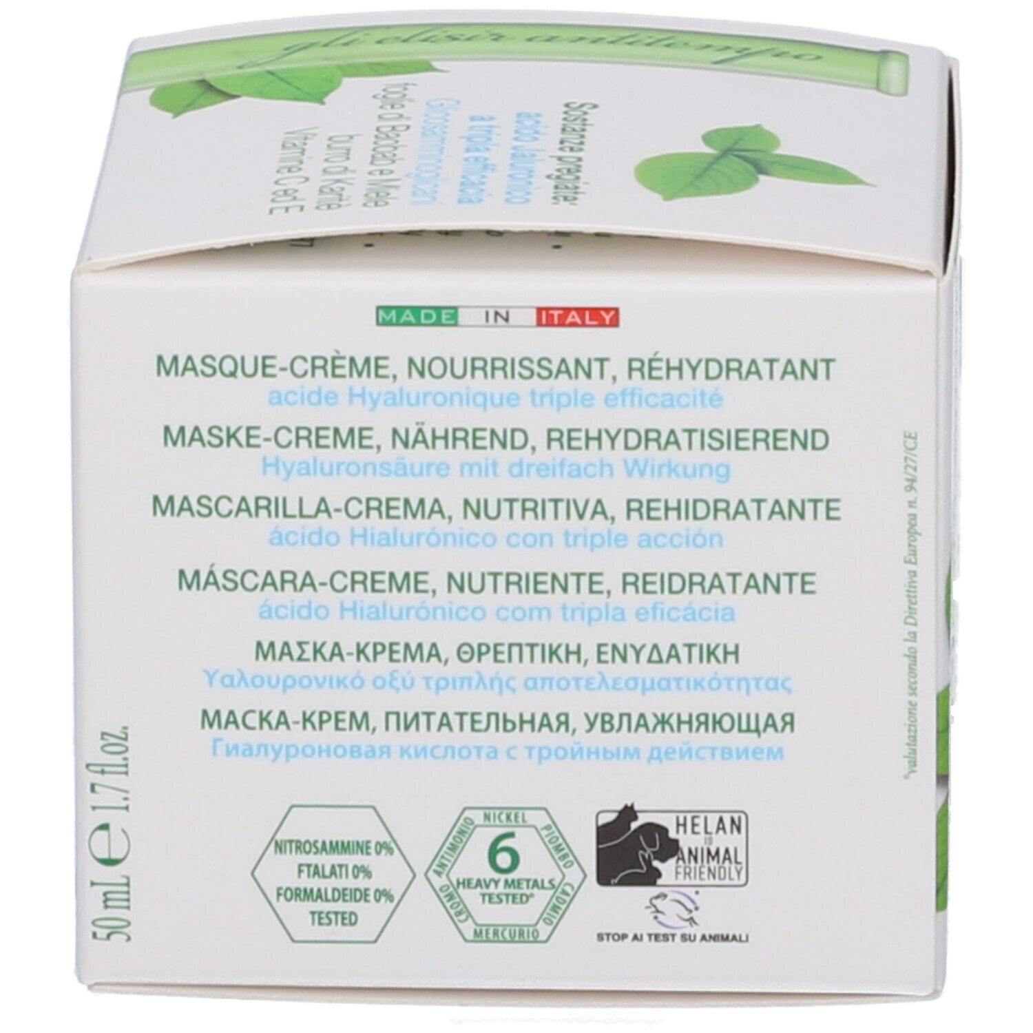 Retro della scatola con testo. Scritta: Masque-Crème, Nourrissant, Réhydratant. Testo in più lingue.