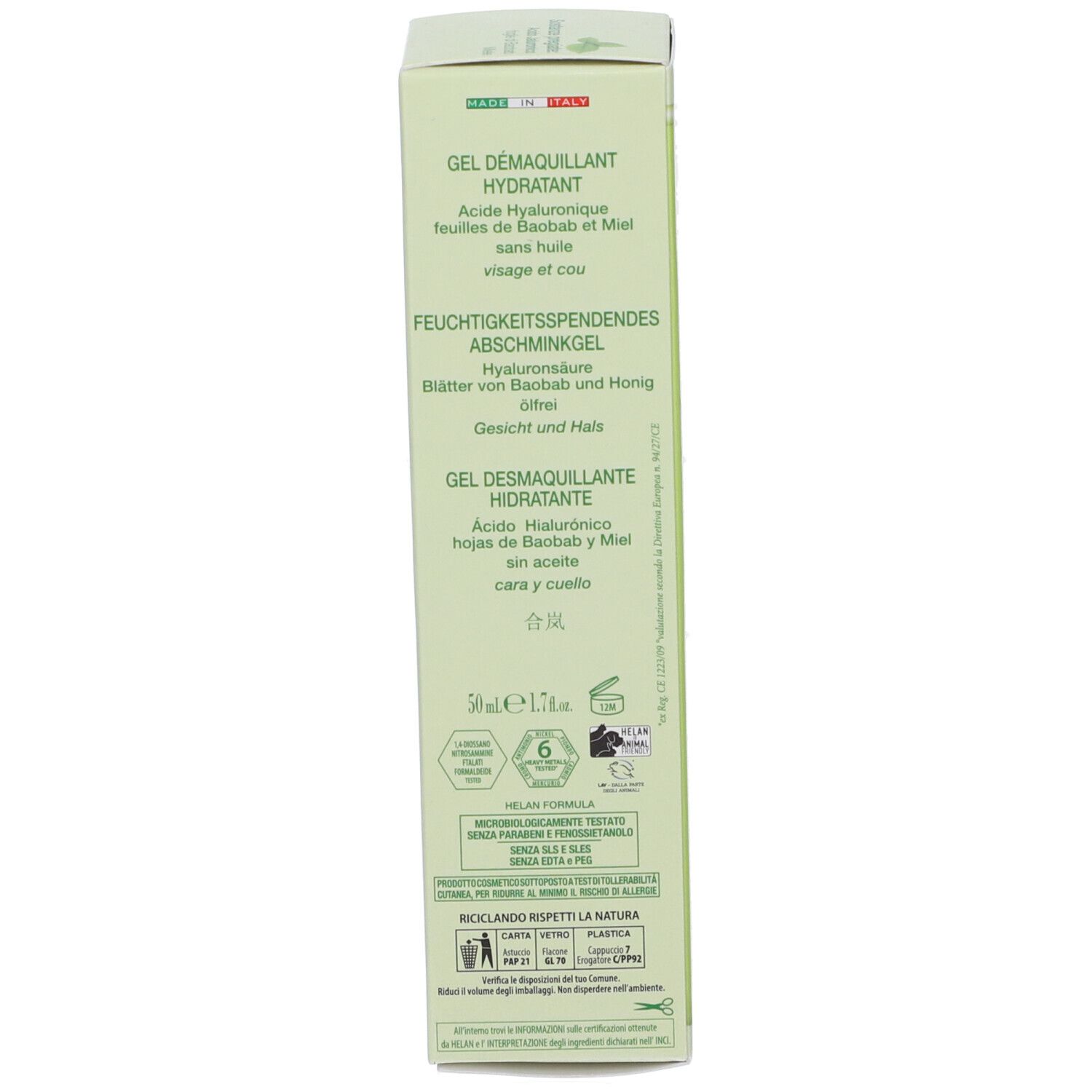 Confezione di un gel struccante idratante con acido ialuronico, foglie di baobab e miele.