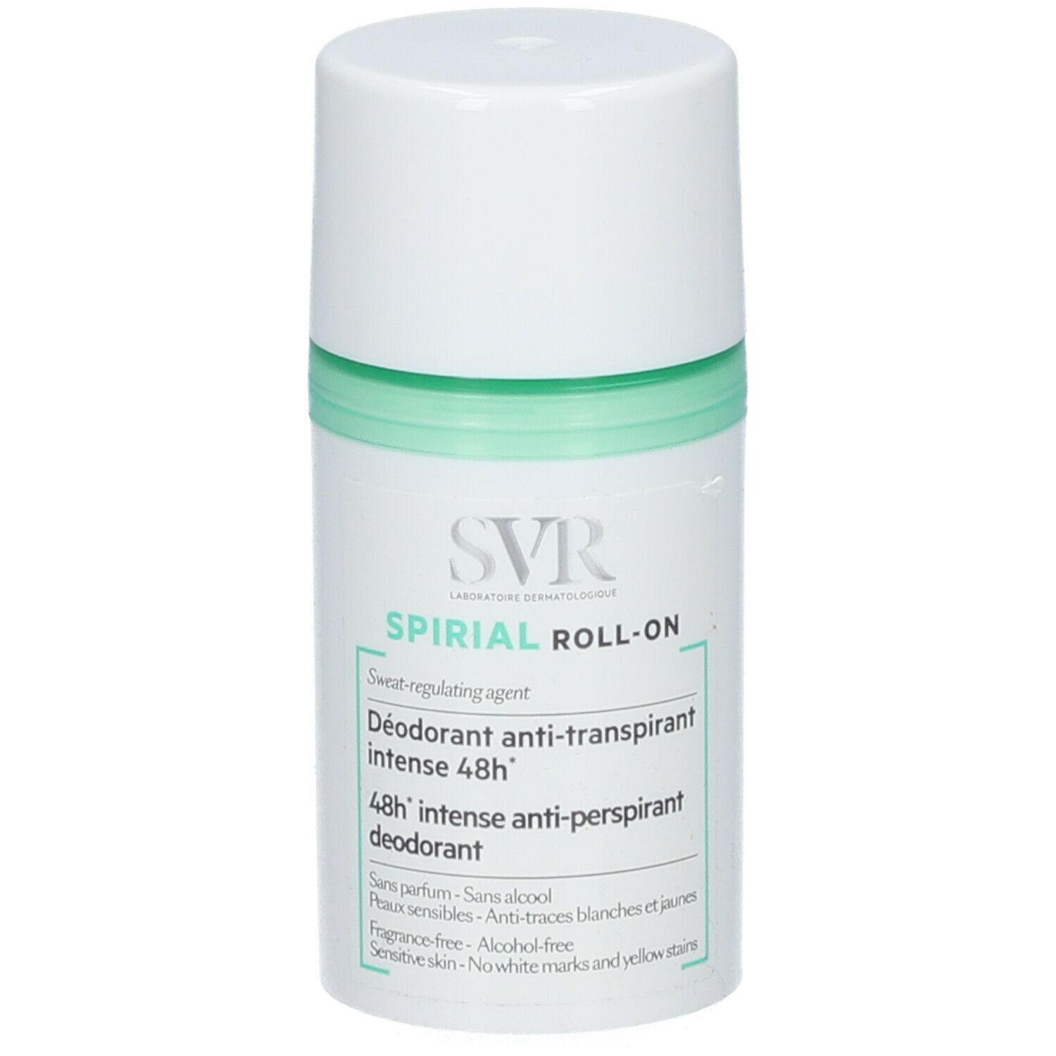 Deodorante roll-on bianco con accento verde. Scritta: SVR Spirial Roll-On, Déodorant anti-transpirant intense 48h.