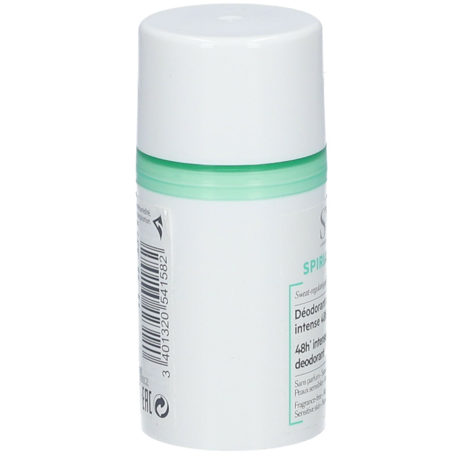 Deodorante roll-on bianco con accento verde. Retro con testo e logo. Contiene 50ml.