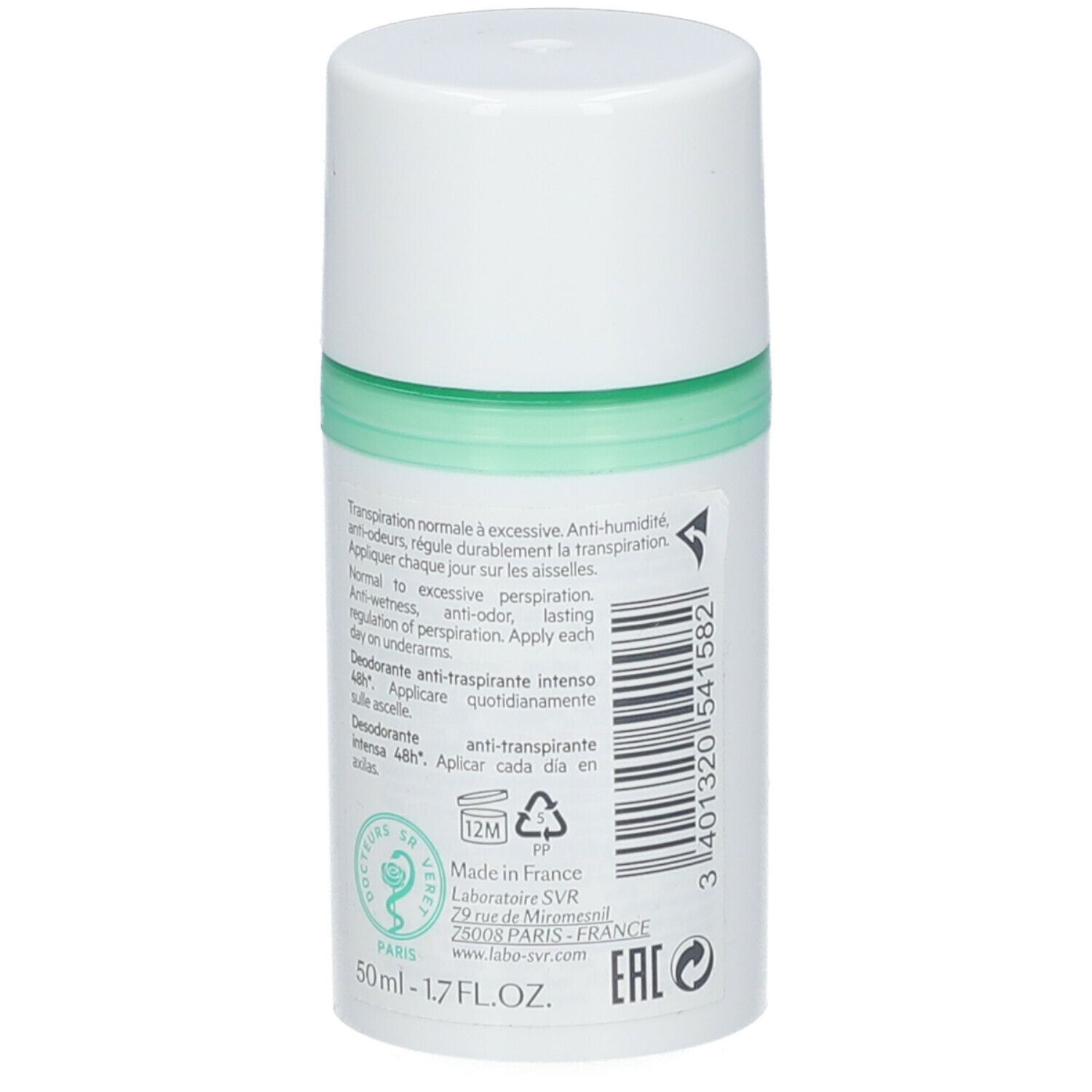 Deodorante roll-on bianco con accento verde. Retro con testo e logo. Contiene 50ml.