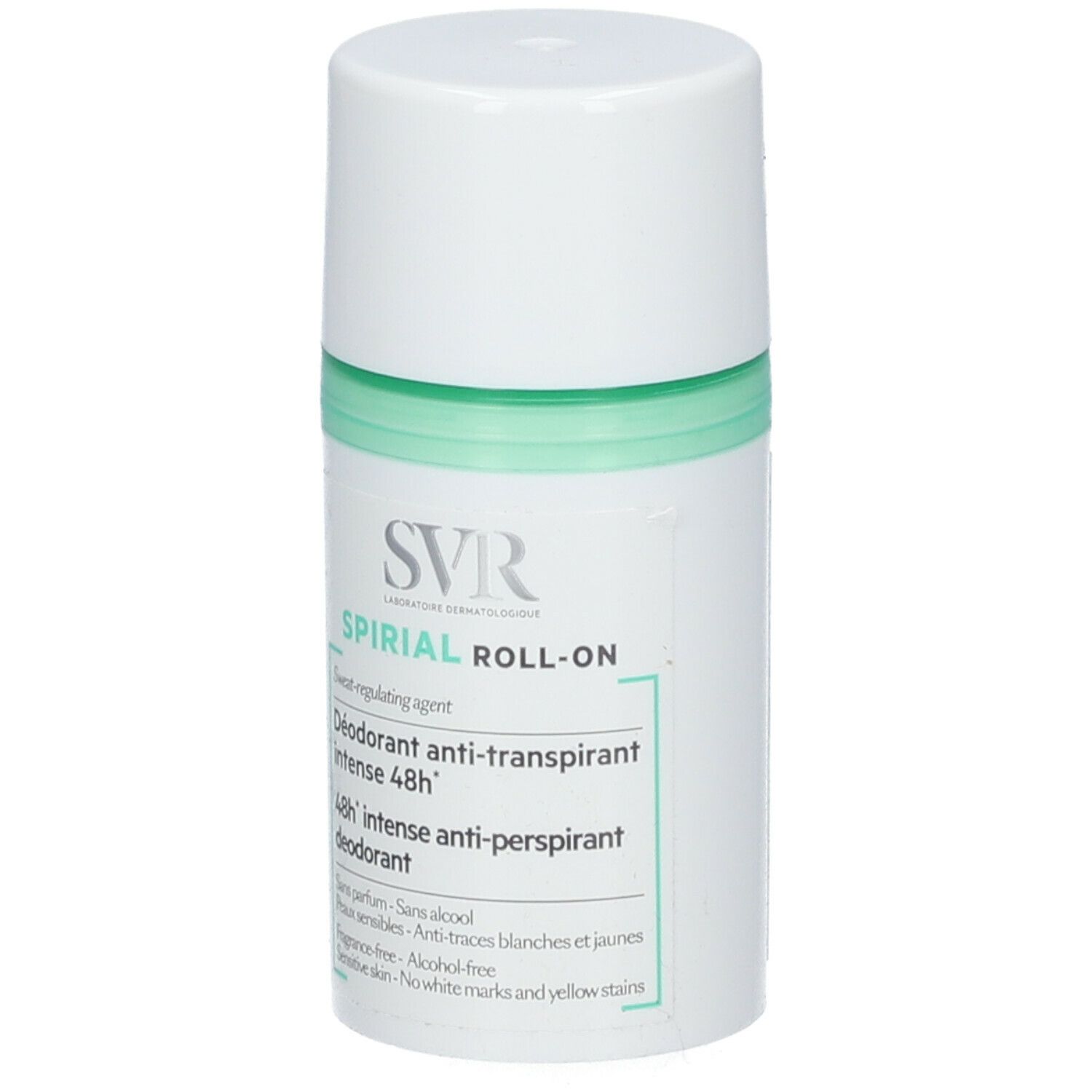 Deodorante roll-on bianco con accento verde. Scritta: SVR Spirial Roll-On, Déodorant anti-transpirant intense 48h.