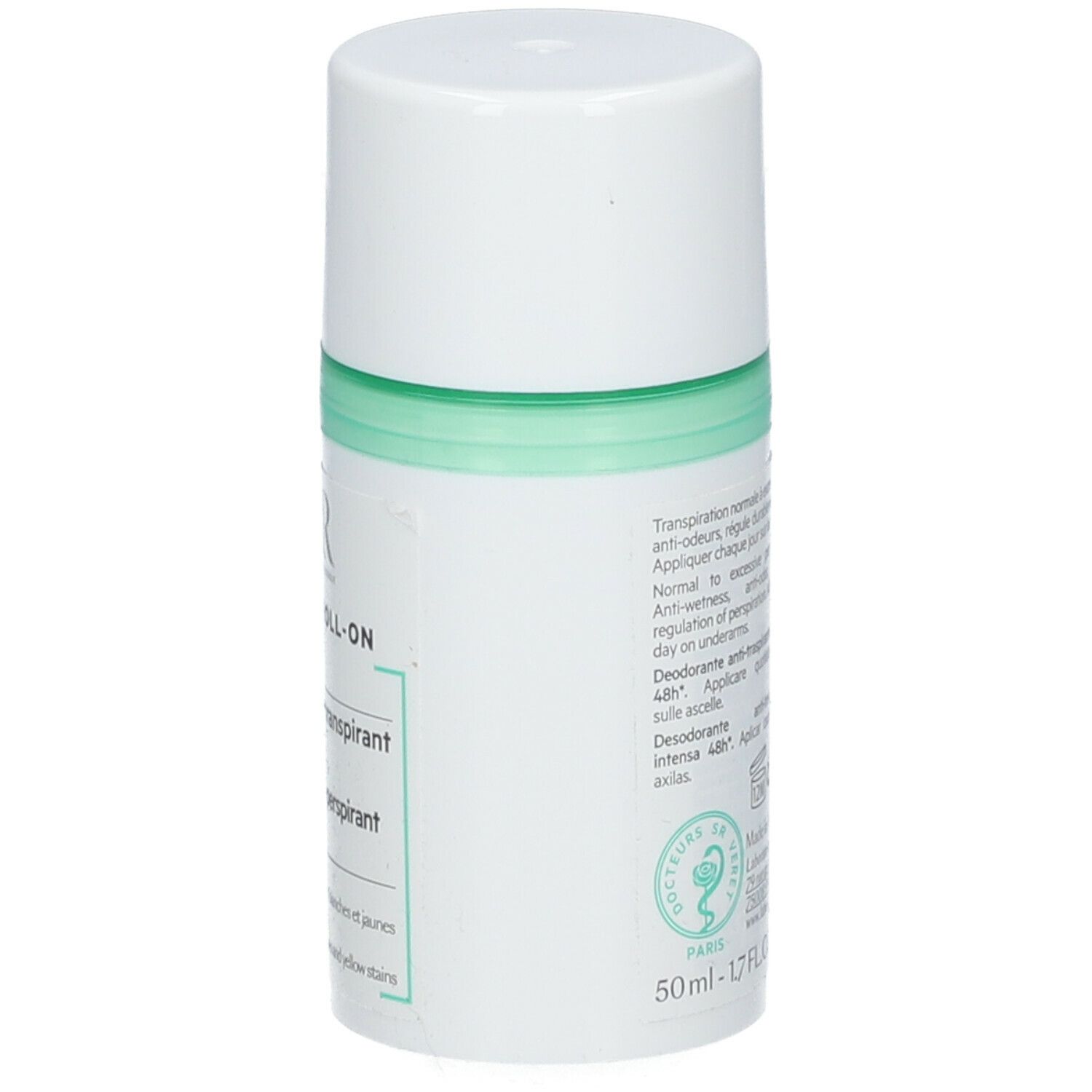Deodorante roll-on bianco con accento verde. Retro con testo e logo. Contiene 50ml.