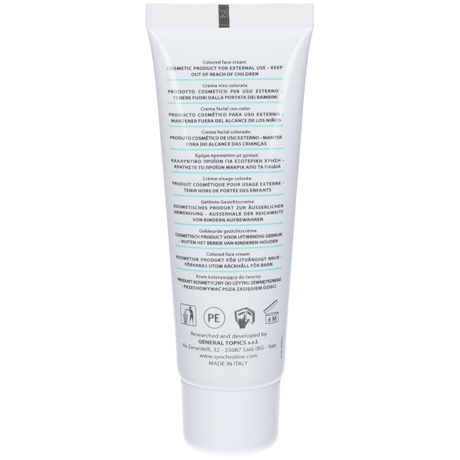 Retro del tubo Aknicare Cream Teintee Dore'. Testo multilingue. Prodotto in Italia.