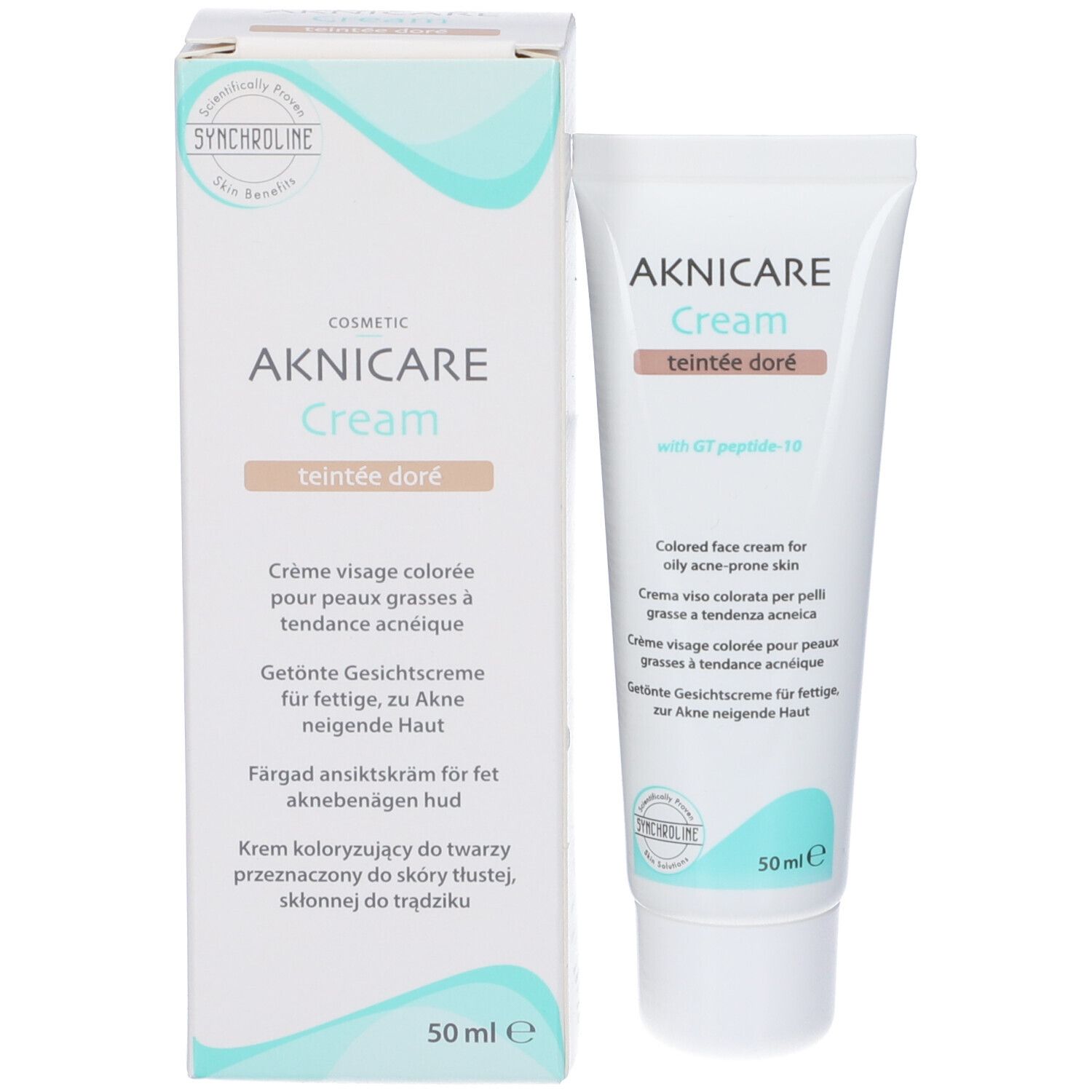 Tubo e scatola Aknicare Cream Teintee Dore'. Nome del prodotto e informazioni. 50ml. Logo Synchronline.