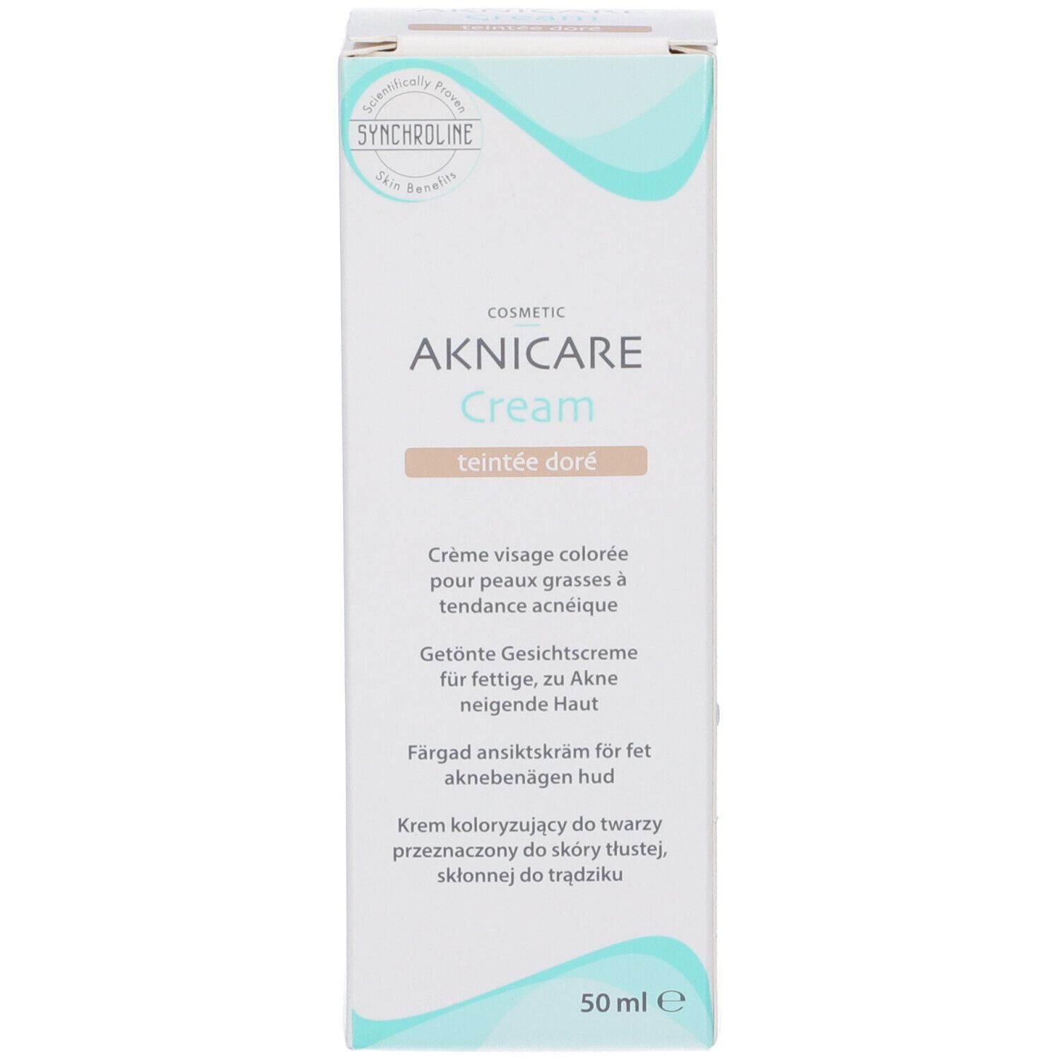 Scatola Aknicare Cream Teintee Dore'. Nome del prodotto e informazioni. 50ml. Logo Synchronline.