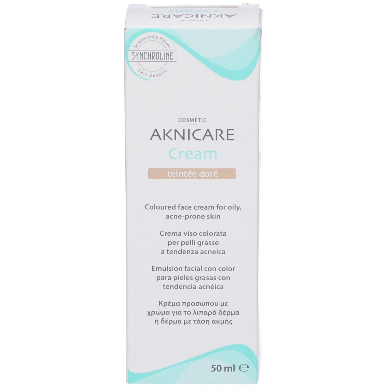 Scatola Aknicare Cream Teintee Dore'. Nome del prodotto e informazioni. 50ml. Logo Synchronline.