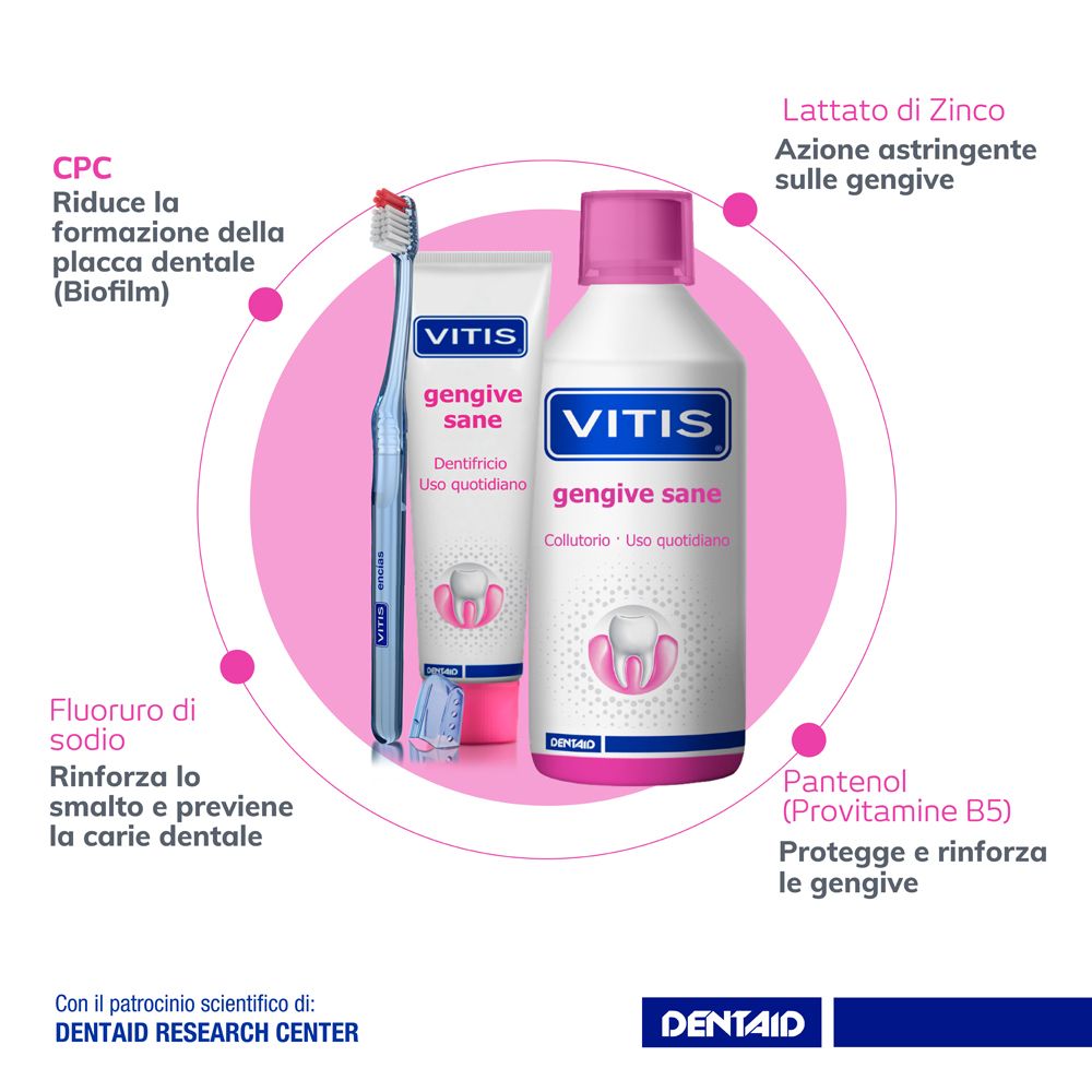 Donna sorride con denti sani. Logo Vitis e testo sulla salute orale.