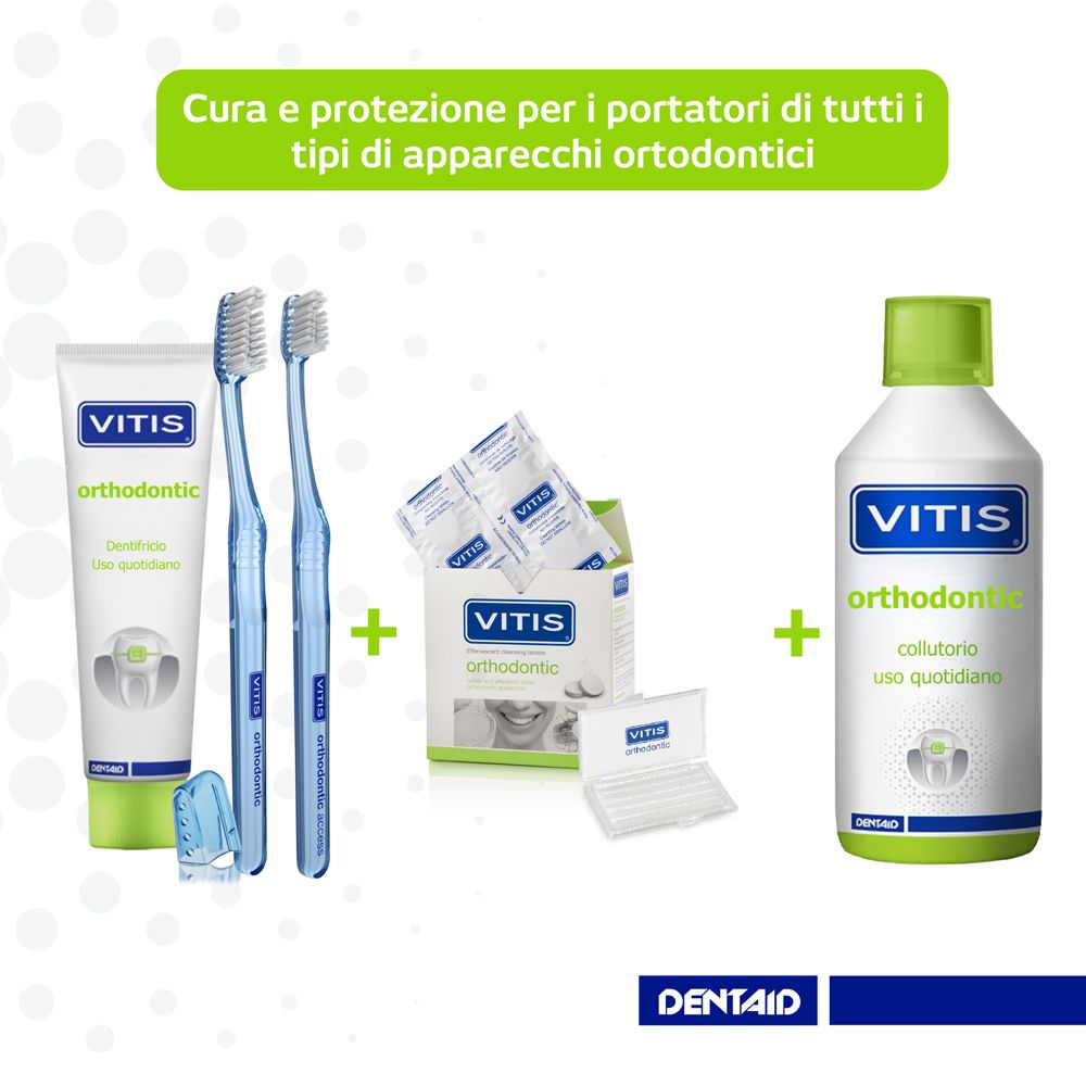 Dentifricio, spazzolini, filo interdentale e collutorio Vitis Orthodontic.