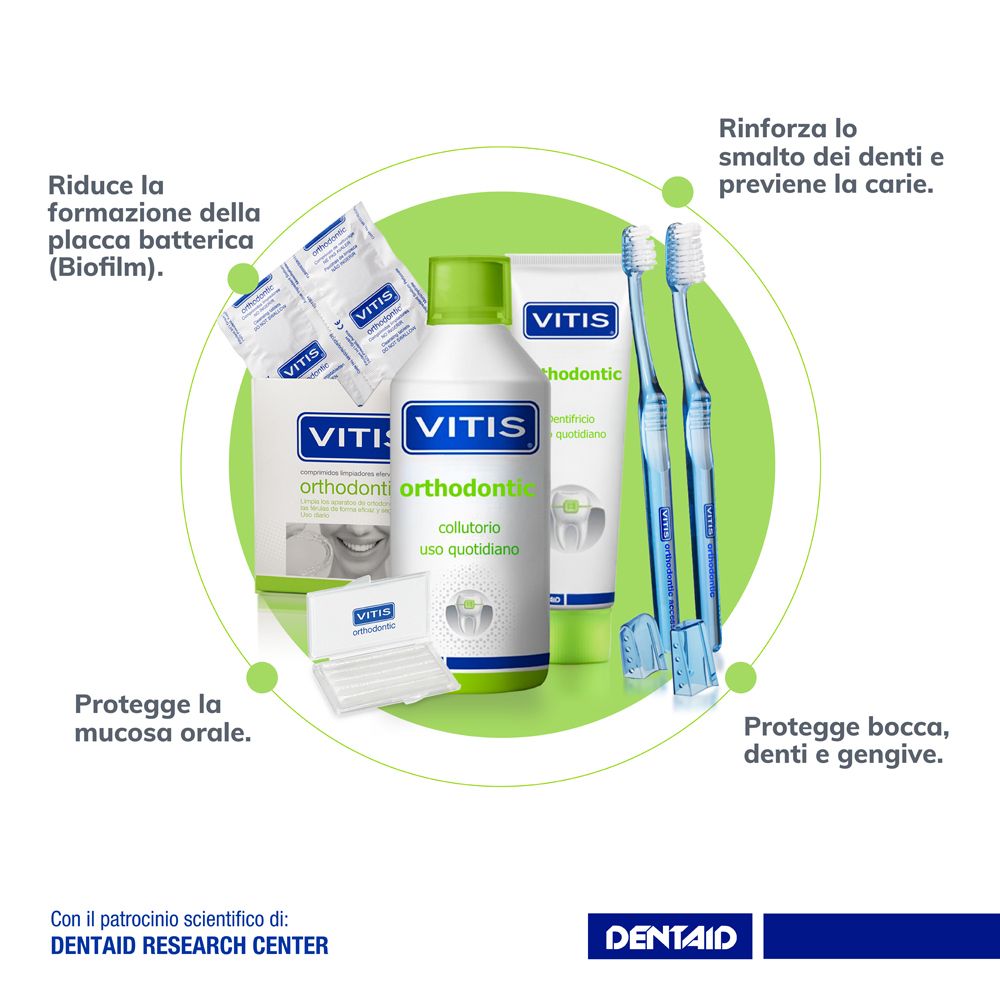 Dentifricio, spazzolini, filo interdentale e collutorio Vitis Orthodontic.