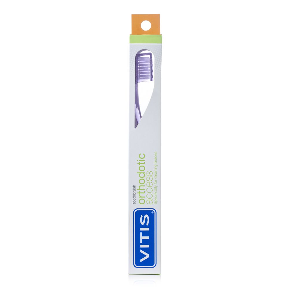 Spazzolino Vitis Orthodontic Access in confezione con setole viola.