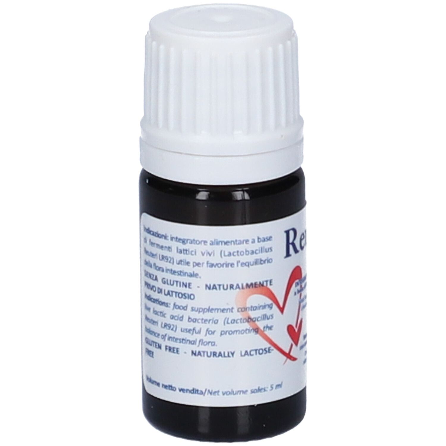 Flacone di vetro marrone con tappo bianco. Etichetta con informazioni prodotto, senza glutine, senza lattosio. 5 ml.