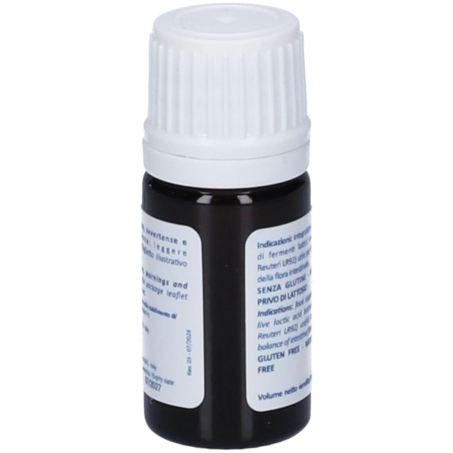 Flacone di vetro marrone con tappo bianco. Etichetta con informazioni prodotto. 5 ml.