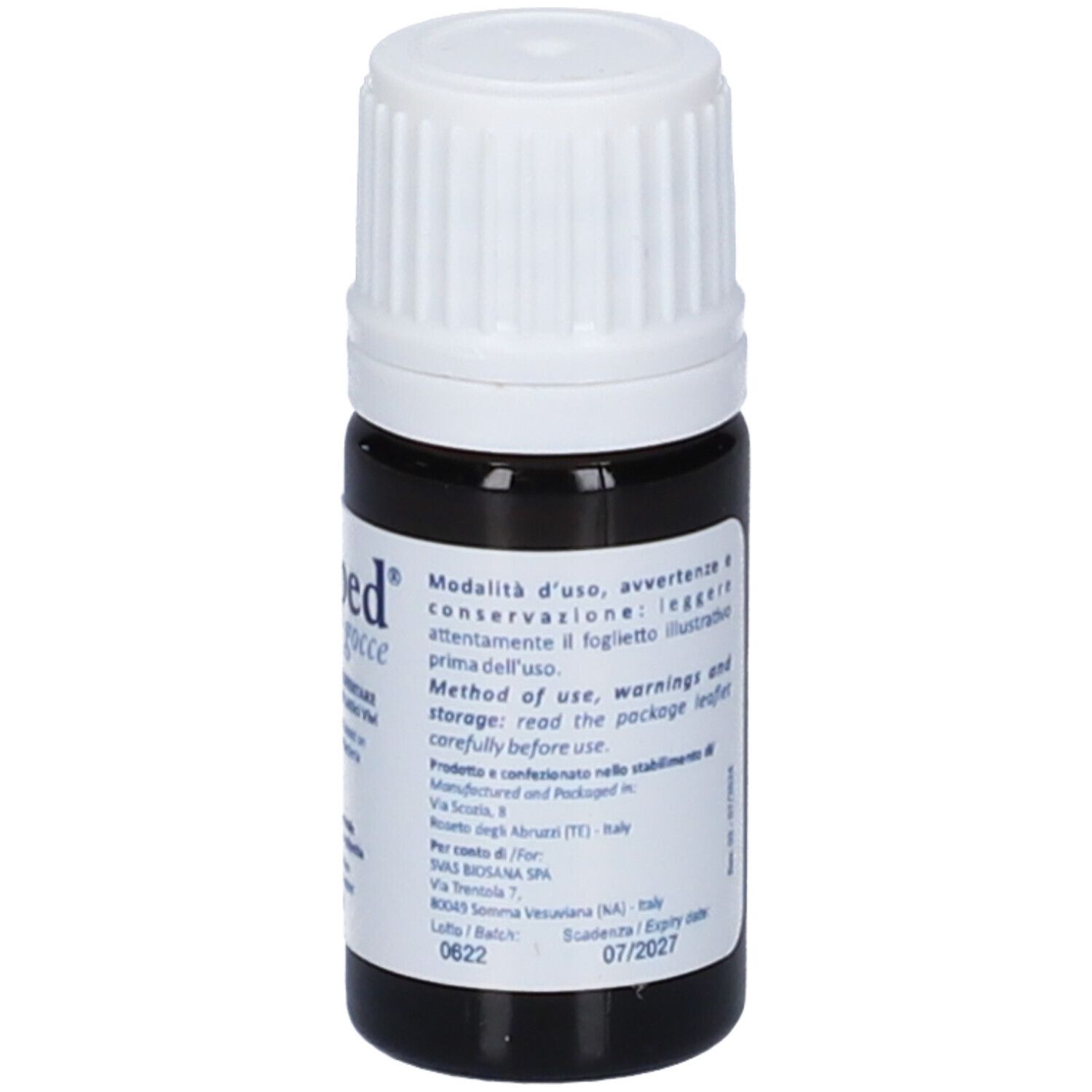 Flacone di vetro marrone con tappo bianco. Etichetta con istruzioni per l'uso e informazioni produttore. 5 ml.