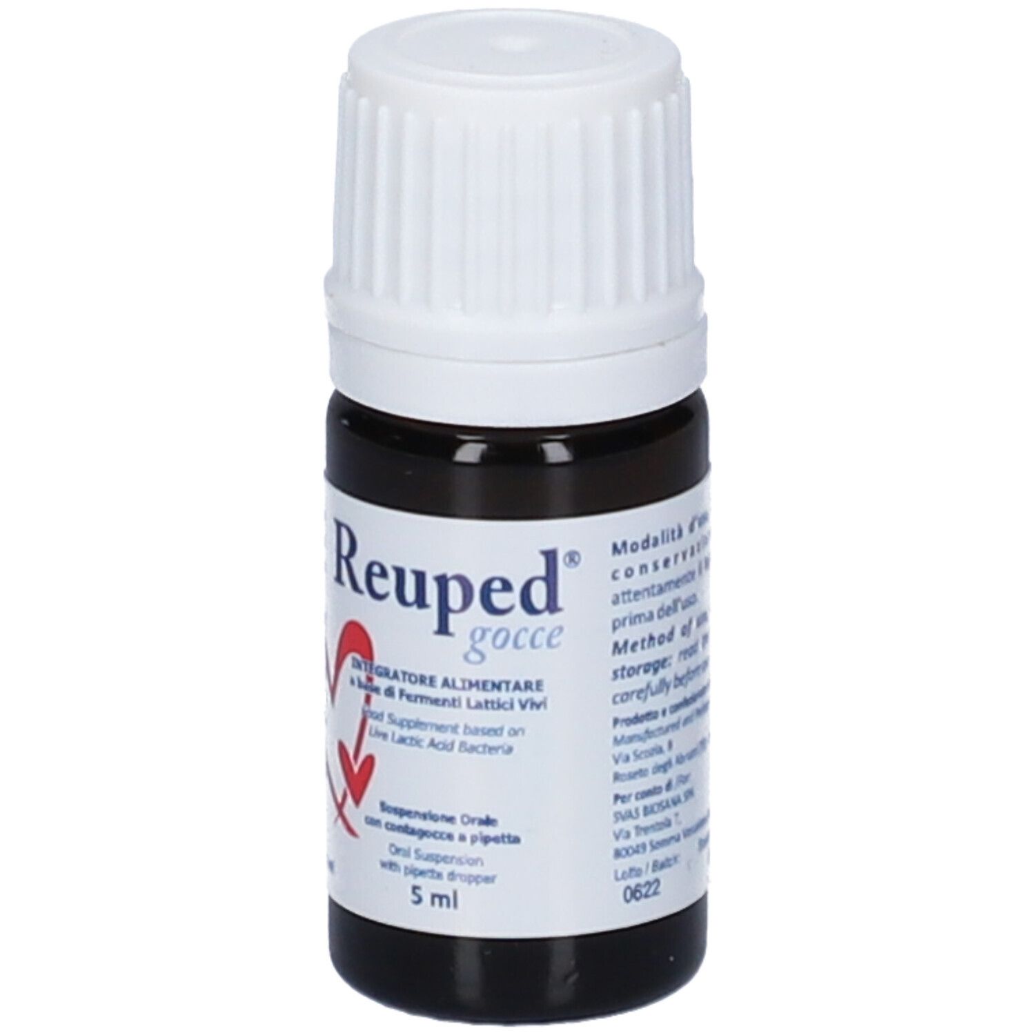 Flacone di vetro marrone con tappo bianco. Etichetta con nome del prodotto e informazioni. 5 ml.