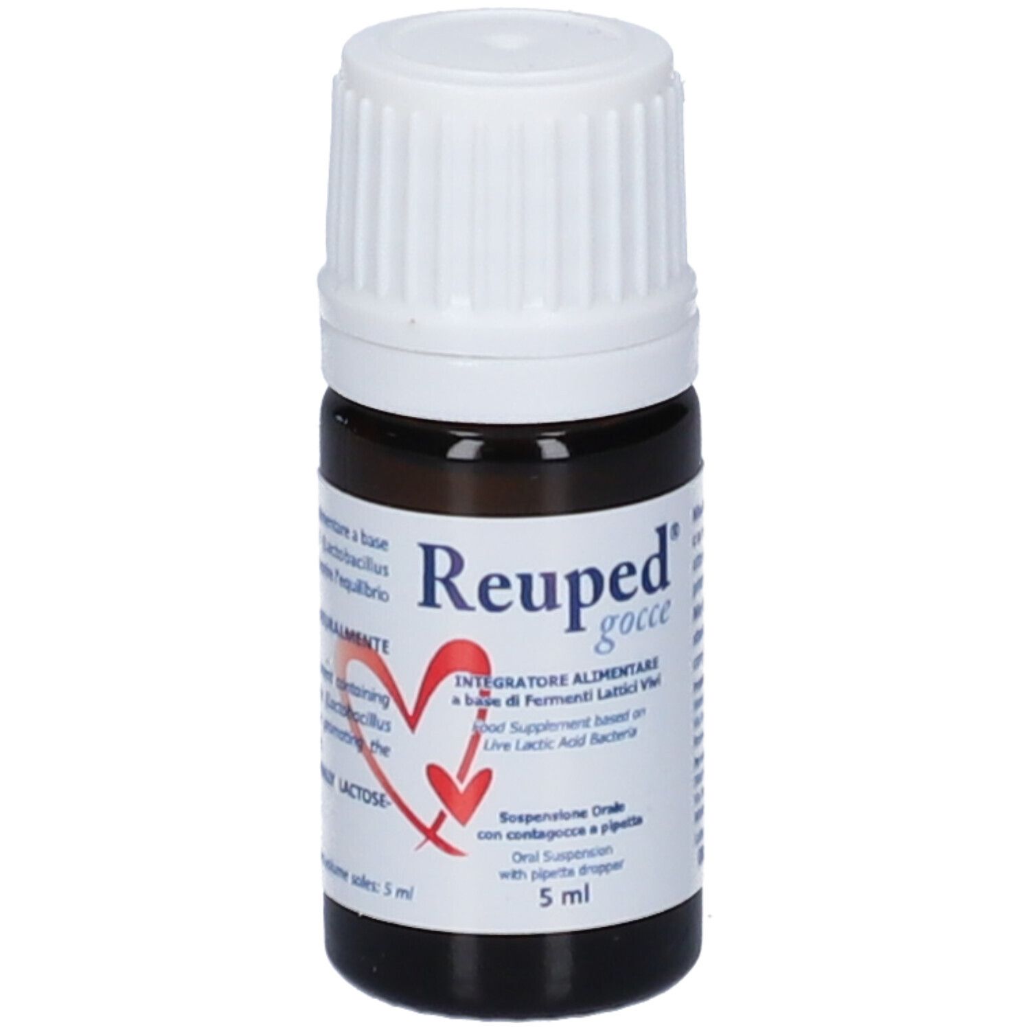 Flacone di vetro marrone con tappo bianco. Etichetta con nome del prodotto e informazioni. 5 ml.