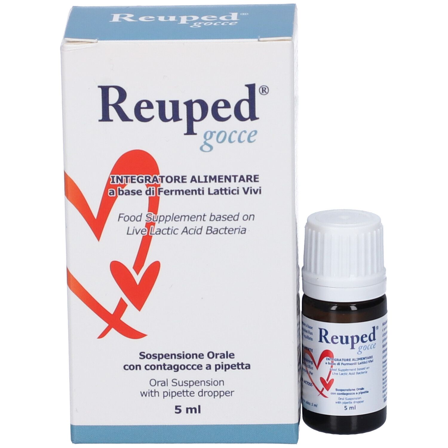 Confezione e flacone. Scatola bianca con nome del prodotto e informazioni. Flacone marrone, 5 ml.