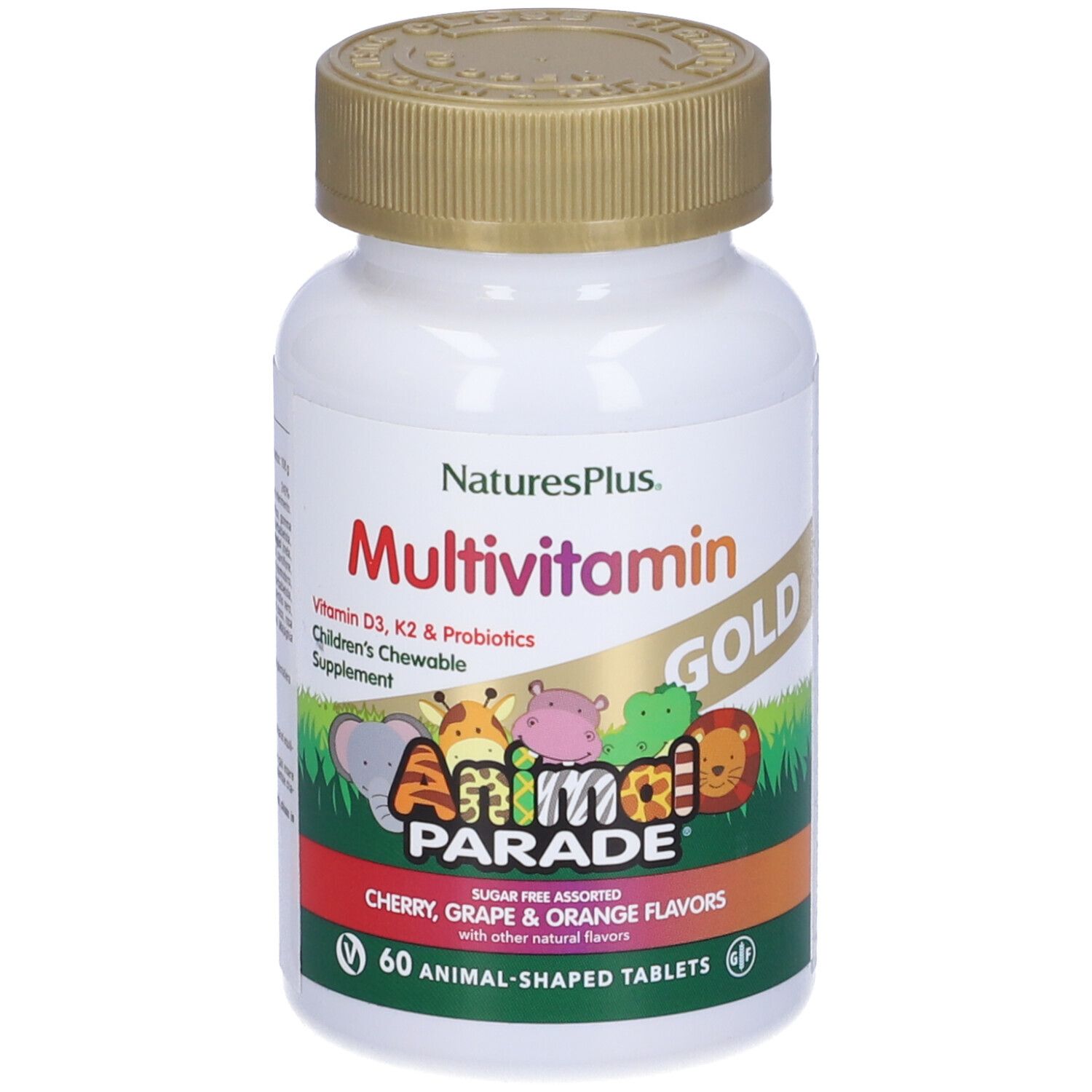 Flacone Animal Parade Gold Multivitamin. 60 compresse a forma di animali. Gusti ciliegia, uva e arancia.
