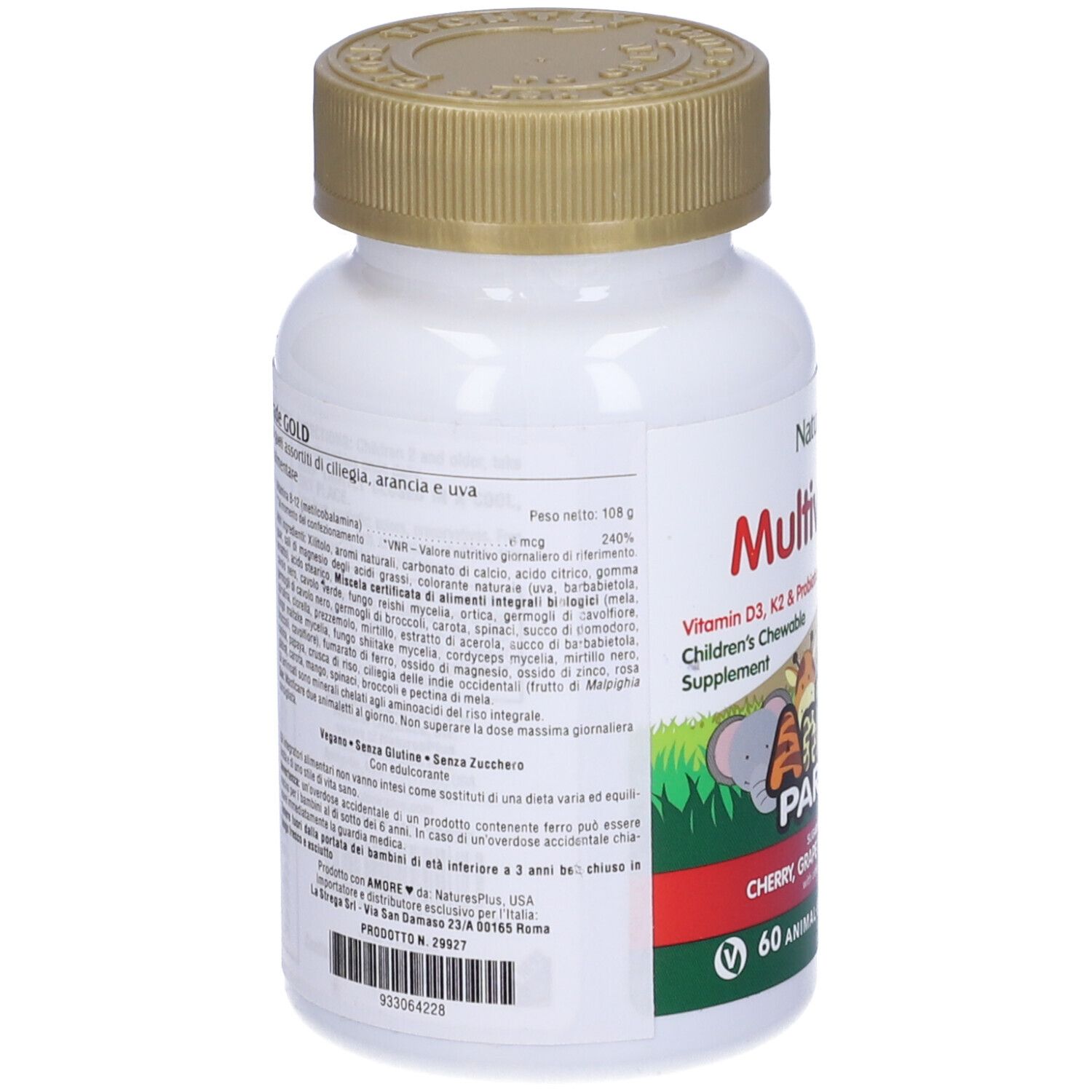 Retro del flacone Animal Parade Gold. Informazioni sugli ingredienti e i valori nutrizionali.